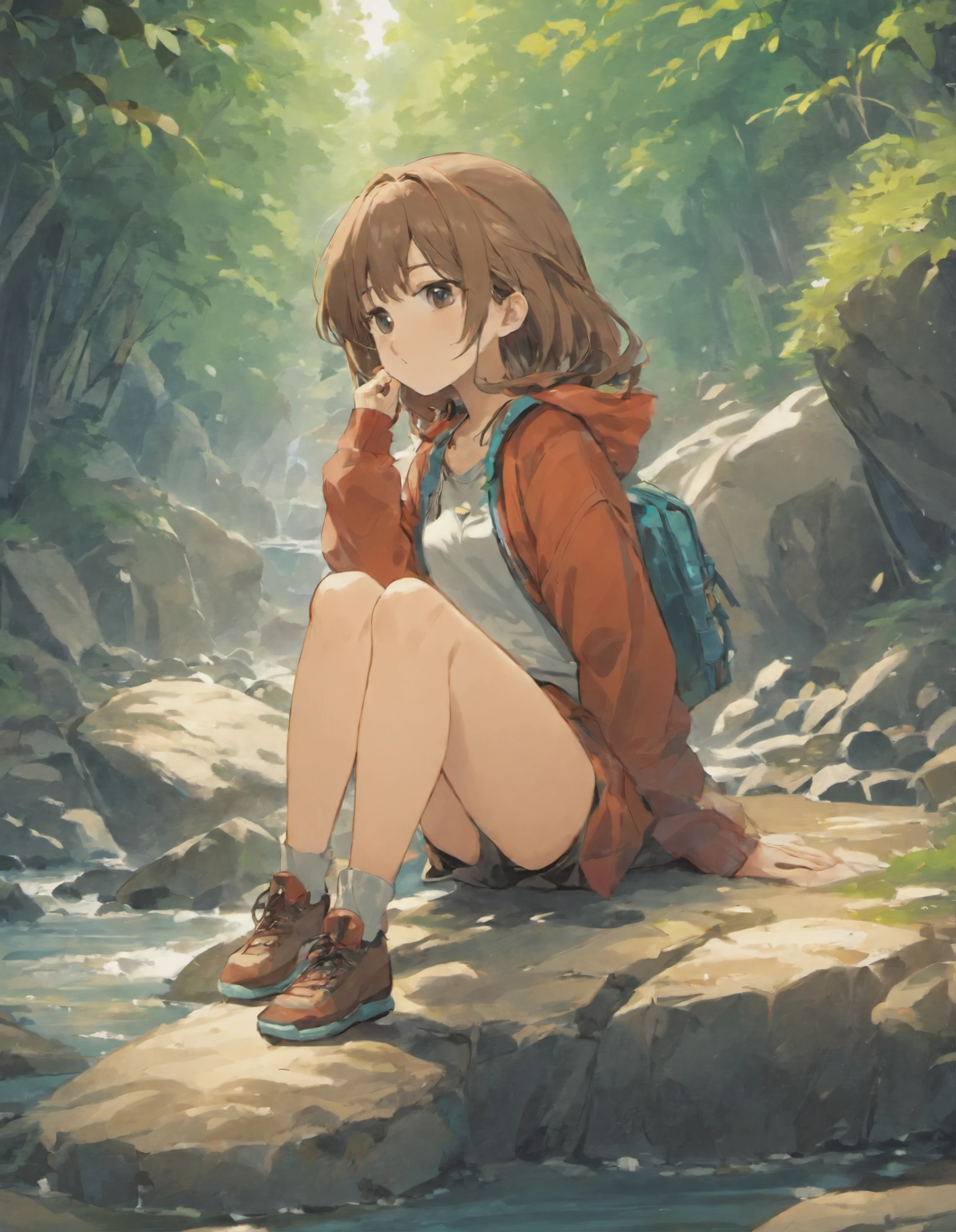 detailed background of a river, person sitting on a rock, brown hair and casual clothes