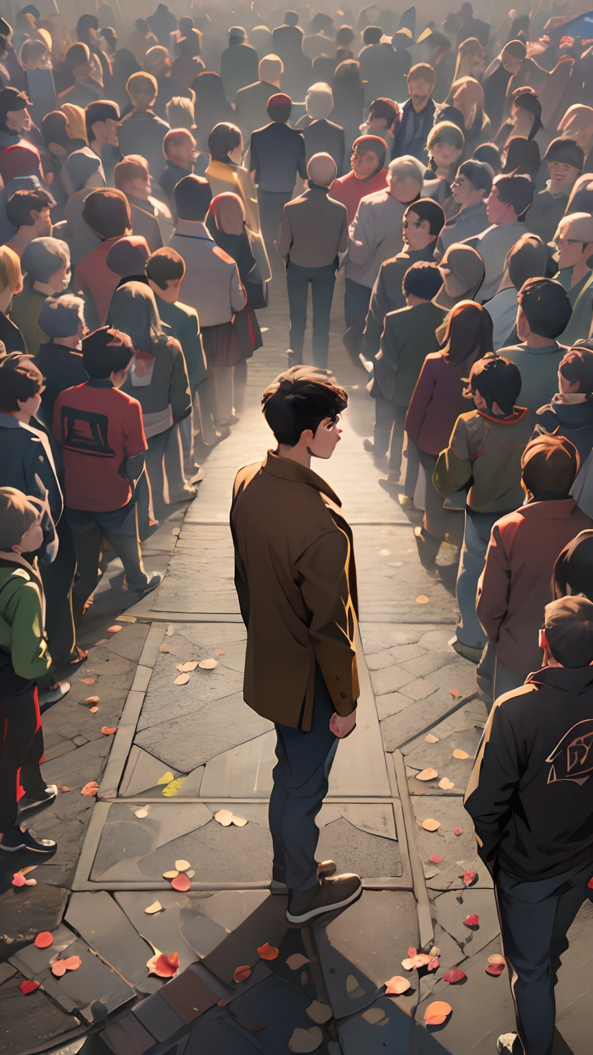 A young man standing in front of a crowd, contemplating your decision, com um olhar determinado e resoluto nos olhos, cercado por uma atmosfera tranquila enquanto as pessoas o observam com expectativa, ,No Estilo das Estrelas Grupo de Arte Xing Xing, 32k, best quality, master part, Super Detalhe, Detalhes altos ,