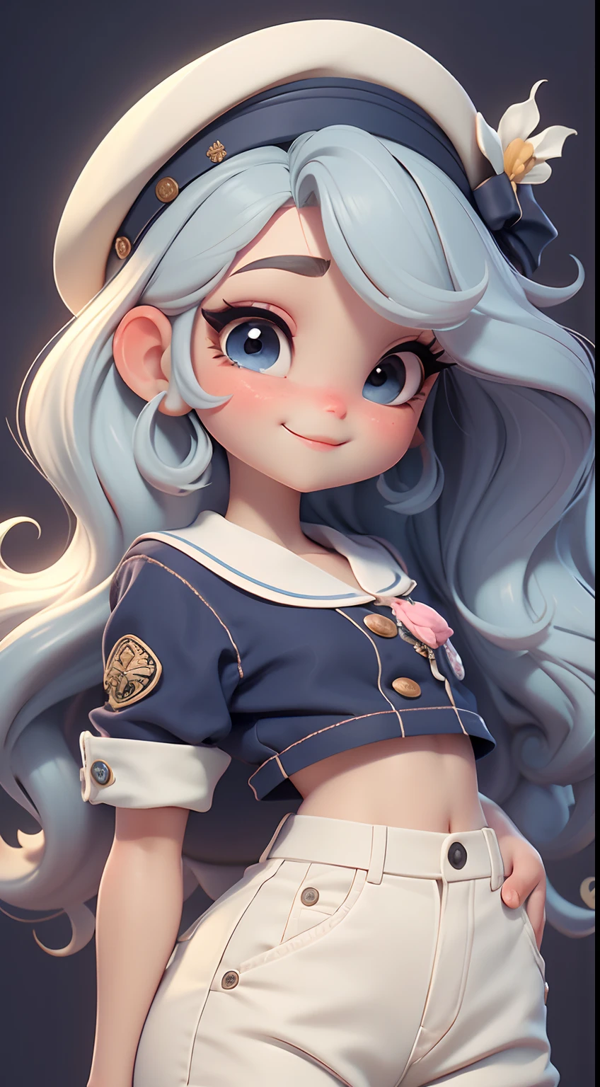 Create a series of cute cute baby chibi style dolls with a cute sailor theme, each with lots of detail and in an 8K resolution. All dolls should follow the same solid background pattern and be complete in the image, mostrando o (corpo inteiro, incluindo as pernas: 1.5)
Boneca Mini marinheiro: Chame-a de Marina. Ela deve ter cabelo pequeno em tom multicolorido. Seus olhos devem ser grandes e expressivos, with long eyelashes and rosy cheeks. Sorriso delicado e branco. Marina deve estar vestida com uma camisa, Camiseta, trousers and an ornate sailor's hat. She must hold navigation accessories. Certifique-se de adicionar detalhes nas roupas, such as buttons and pockets, sapato bonito
Certifique-se de adicionar sombras, texturas e detalhes nos cabelos, roupas, Safari utensils, to make them even more adorable and charming.