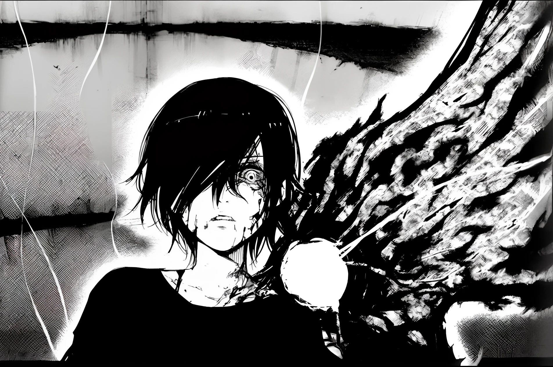 arafed image of a woman with a black shirt and wings, sebastian michaelis, wings are clouds of darkness, black and white manga style, black wings instead of arms, manga”, l · Lawliet, black and white manga panel, tsutomu nihei style, mix styles of tsutomu nihei, ( ( ( yoshinari yoh ) ) )