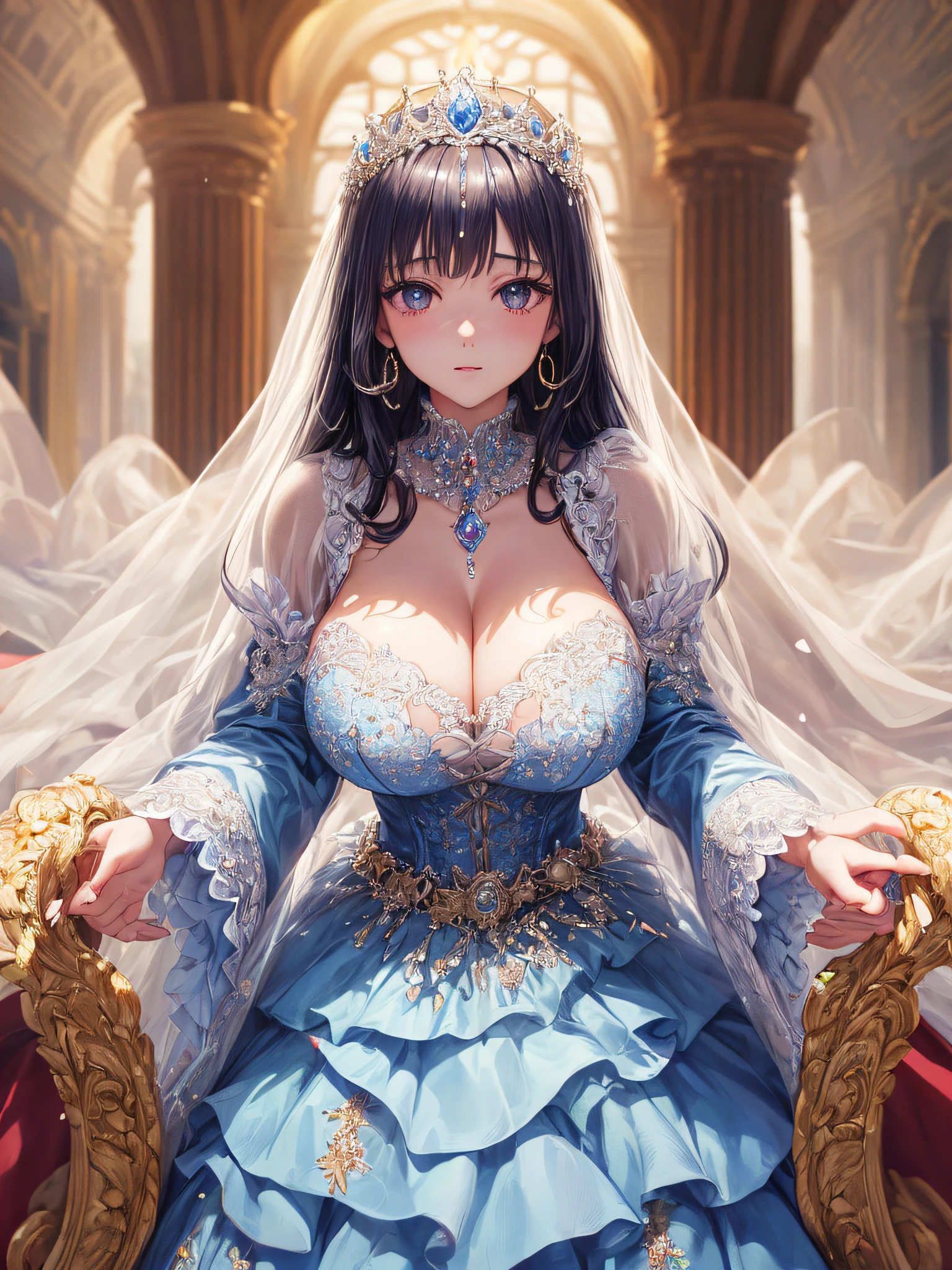 (masterpiece, best quality,extremely detailed,moe anime art style:1.2),1girl, (solo), cute, kawaii,digital art,((1 bling-bling anime princess wearing beautiful embroidery and jeweled extremely gorgeous princess ballgown with voluminous full length hoop skirt)),((crinoline)),long train,voluminous frills,(gorgeous embroidery and beautiful lace),(very gigantic boobs,cleavage,skindentation),((shiny hair,absurdly voluminous straight long hair)),((finely detailed face and eyes)),clear pupil,extremely gorgeousfull hair ornament,(bling-bling  jeweled extremely gorgeousfull tiara),((bling-bling gorgeous gemstone jewelry)),long veil,((beautiful luxury palace)),beautiful background,flowers,flower petals flowing,((looking away)),((beautiful embroidery and jeweled extremely gorgeous princess ballgown with voluminous full length hoop skirt))