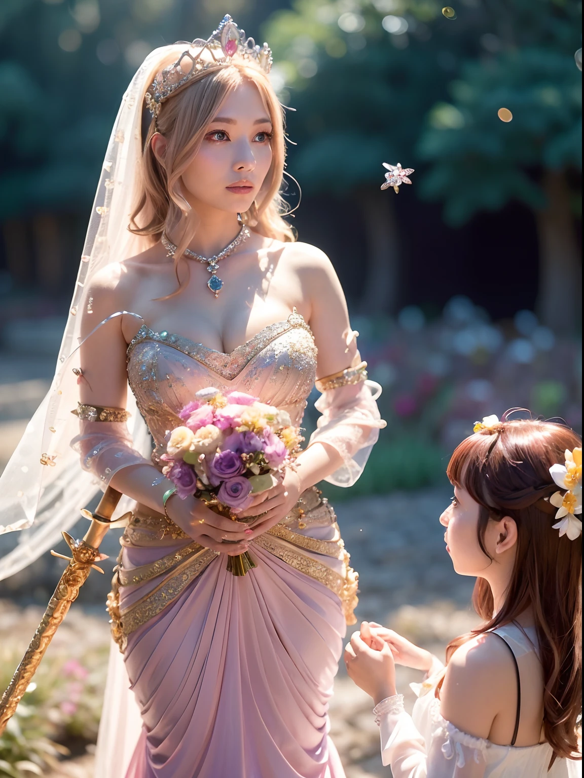 (masutepiece), Professional , masterpiece、top-quality、photos realistic , depth of fields (Gemstone Flower Metal Body:1.4),(Matte White、Fairy of Light、Particles of light、Jewel Gold Weapon、(Gorgeous castle background)、(ultimate beauty girl)、(Flower rainbow fairy wings grow)、(Jewel Flower Metal Body:1.4),Gorgeous Jewel Metal Weapons , Detailed Sword of the Brave ,( a blond) ,warhammer 40k ,((Floral Micro Bikini))、Particles of light、(Beautiful flower garden background)、 adepta sororitas,Detail and ornate jewel crown、2guys、Brown hair、(Gangle's forest background)、Beautiful Caucasian beauty、dynamic ungle,(((Diamond tiara with detail and luxury)))、a small face、Powerful poses、(Gorgeous castle background)、huge filesize、20 year old beautiful woman、Thin female fingers、Straight long hair、Beautiful Caucasian beauty、Valley、Fairy of Light、Particles of light、