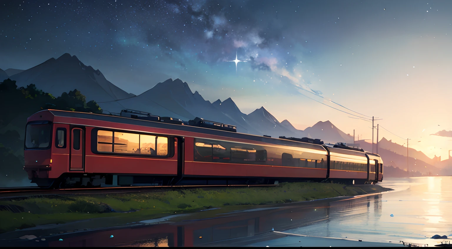 High quality masterpiece ,scenecy,Anime train passing through bodies of water on tracks, Glittering starry sky。Romantic train,Pisif,concept-art,Lofi art style,Reflectors。 By Makoto Shinkai, Lofi art, beautiful anime scenes, Anime landscapes, Detailed scenery —width 672, in the style of makoto shinkai, Makoto Shinkai's style,Detail enhancement