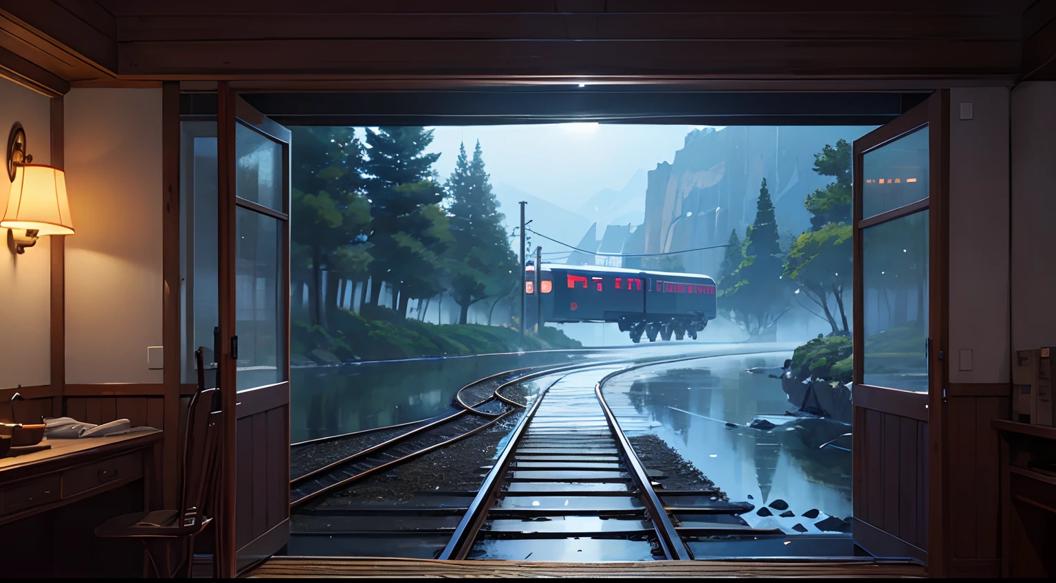 High quality masterpiece ,scenecy,Anime train passing through bodies of water on tracks, Glittering starry sky。Romantic train,Pisif,concept-art,Lofi art style,Reflectors。 By Makoto Shinkai, Lofi art, beautiful anime scenes, Anime landscapes, Detailed scenery —width 672, in the style of makoto shinkai, Makoto Shinkai's style,Detail enhancement