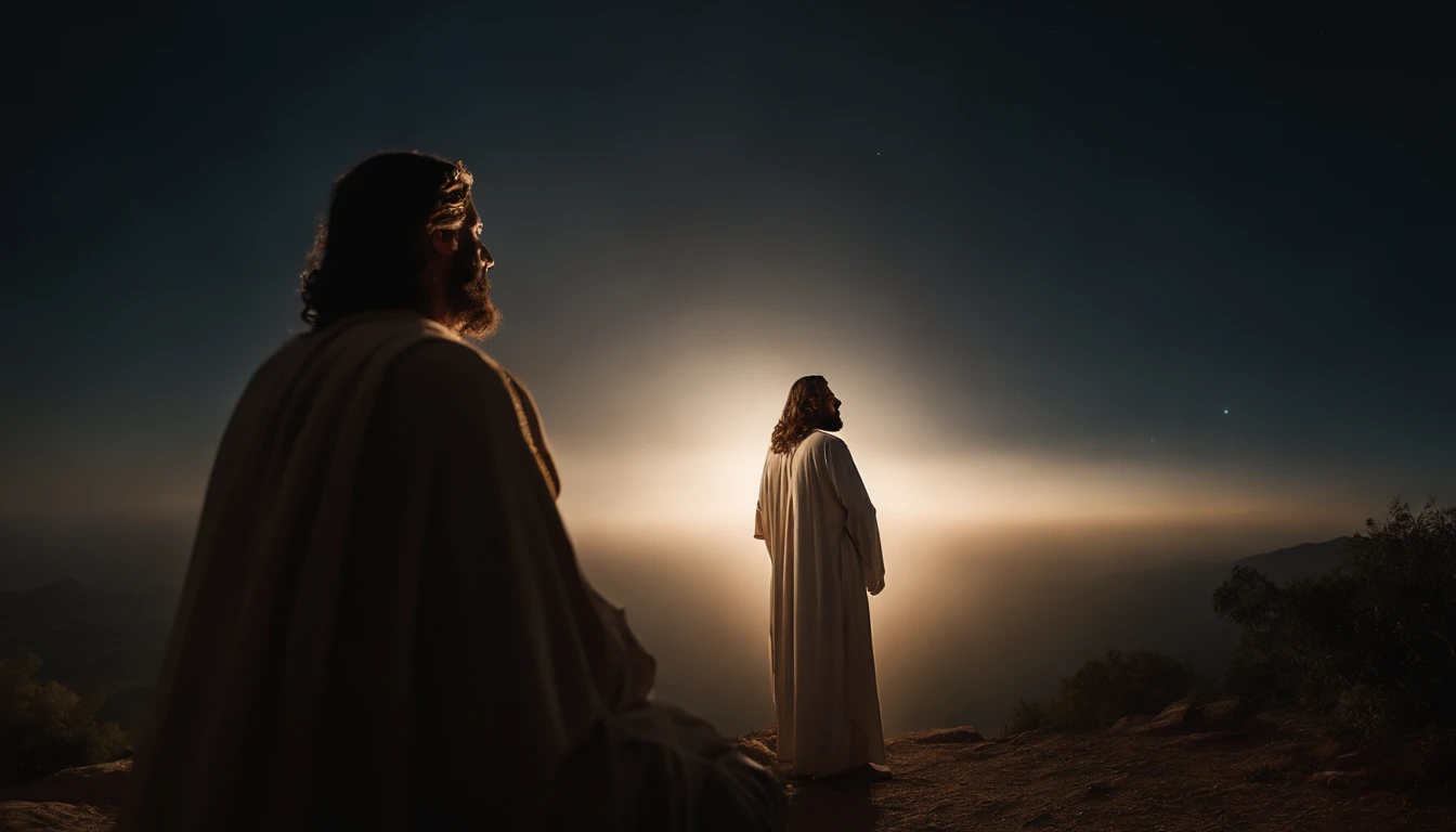 Jesus rezando no monte tabor, Looking Up The Sky, noite, luz do luar.  Arte sacra