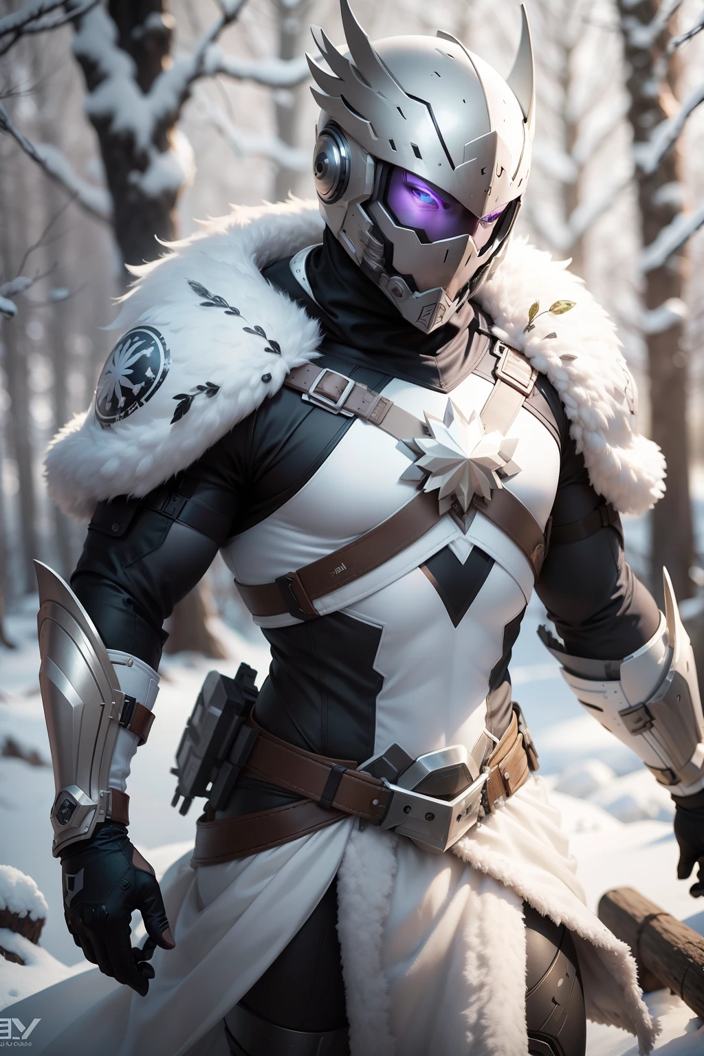 Full-body Hawkeye in a white, terno de armadura dourado e roxo, em uma floresta de neve branca, neve caindo sobre a armadura, O pecado brilha sobre o traje de armadura, hyper realistic, fotorrealista, 8k, uma foto premiada