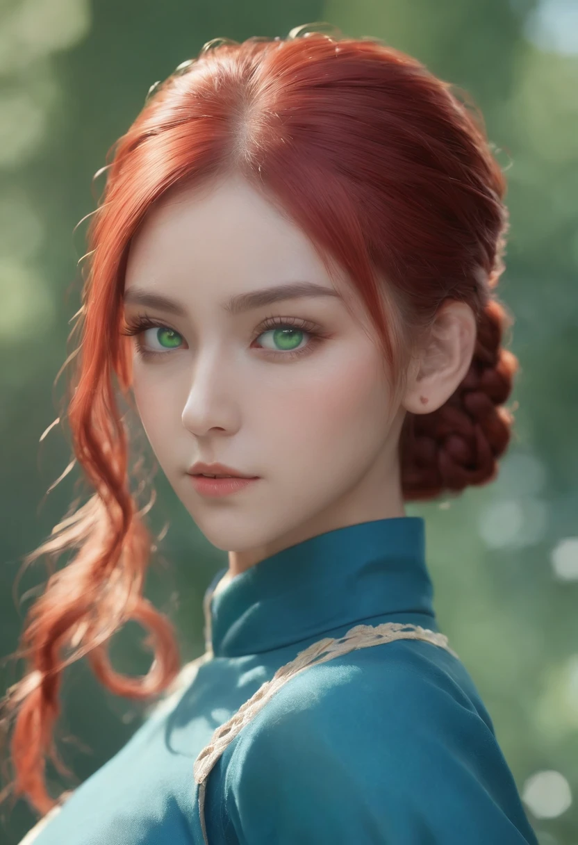 anime, hda, a close up of a woman with ((red braided low ponytail hair)) and (((the most beautiful green eyes))) in (((blue outfit))), (((determined)), 8k, Unreal Engine 5, octane render, by kyun, gamang, Yoon Gon-Ji, g.ho, gosonjak, shuroop, serious, domi, noah, trending on pixiv, fanbox, skeb, masterpiece, detailed face, smooth soft skin, big dreamy eyes, beautiful intricate colored hair, symmetrical, anime wide eyes, soft lighting, concept art, digital painting,