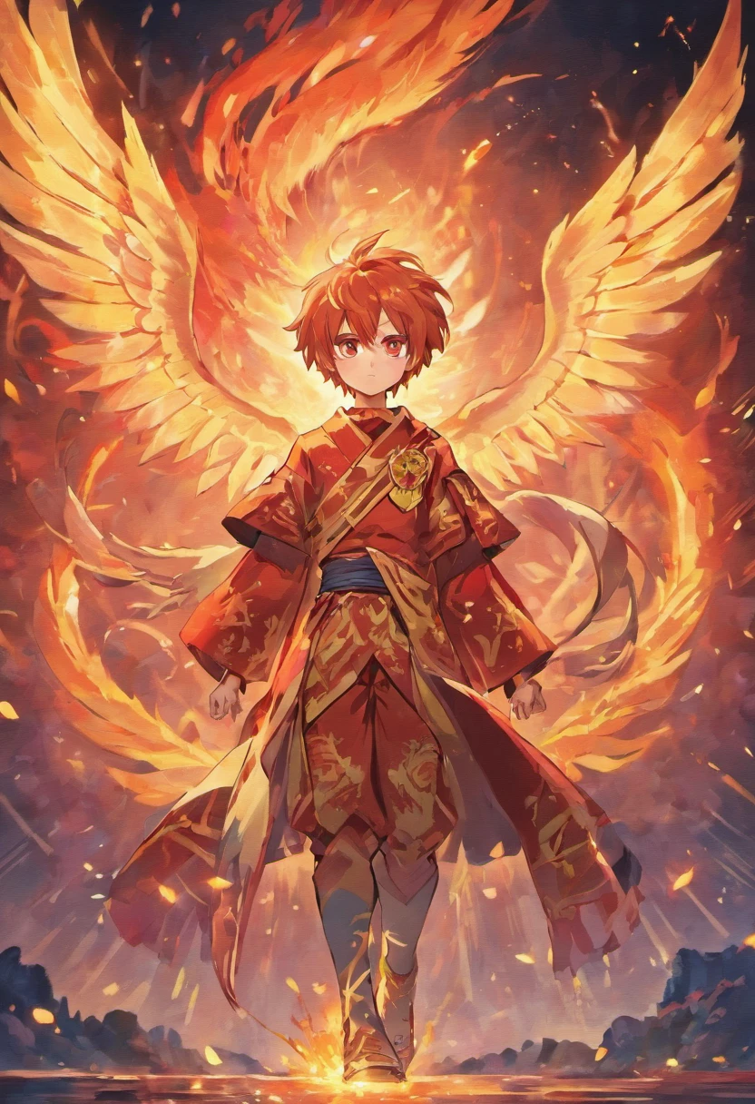 (Masterpiece, Best quality: 1.2), A boy with phoenix wings stands in the ring of fire, with glowing red eyes, Phoenix, lotuses, Red gold pink, Sunrise over the mountains in the background