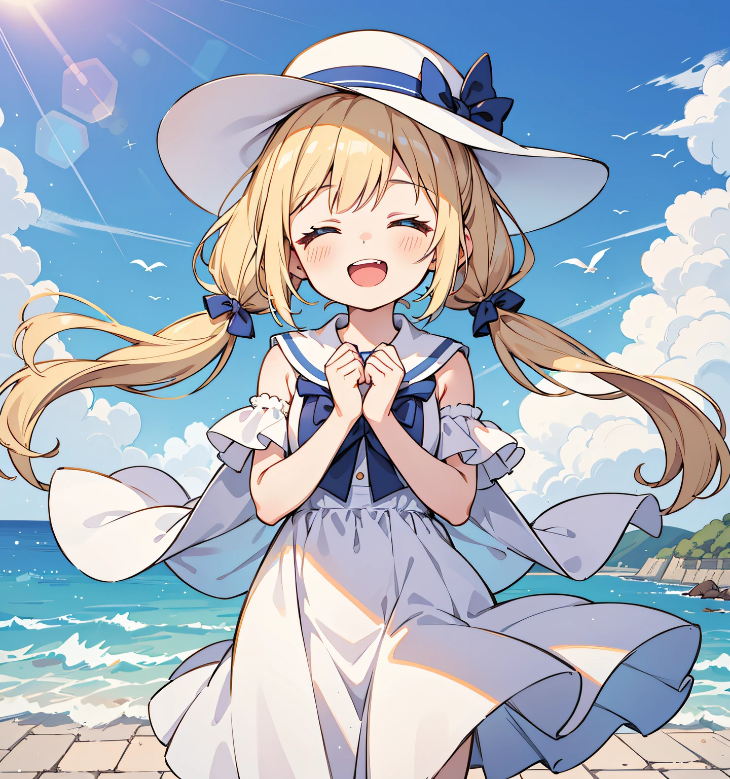 cute *********** standing in a Mediterranean port town street,wind,pale-blonde hair, blue eyes,very long twintails,white dress,white hat,blue sky,laugh,double tooth,closed eyes,looking at viewer,lens flare,dramatic, coastal