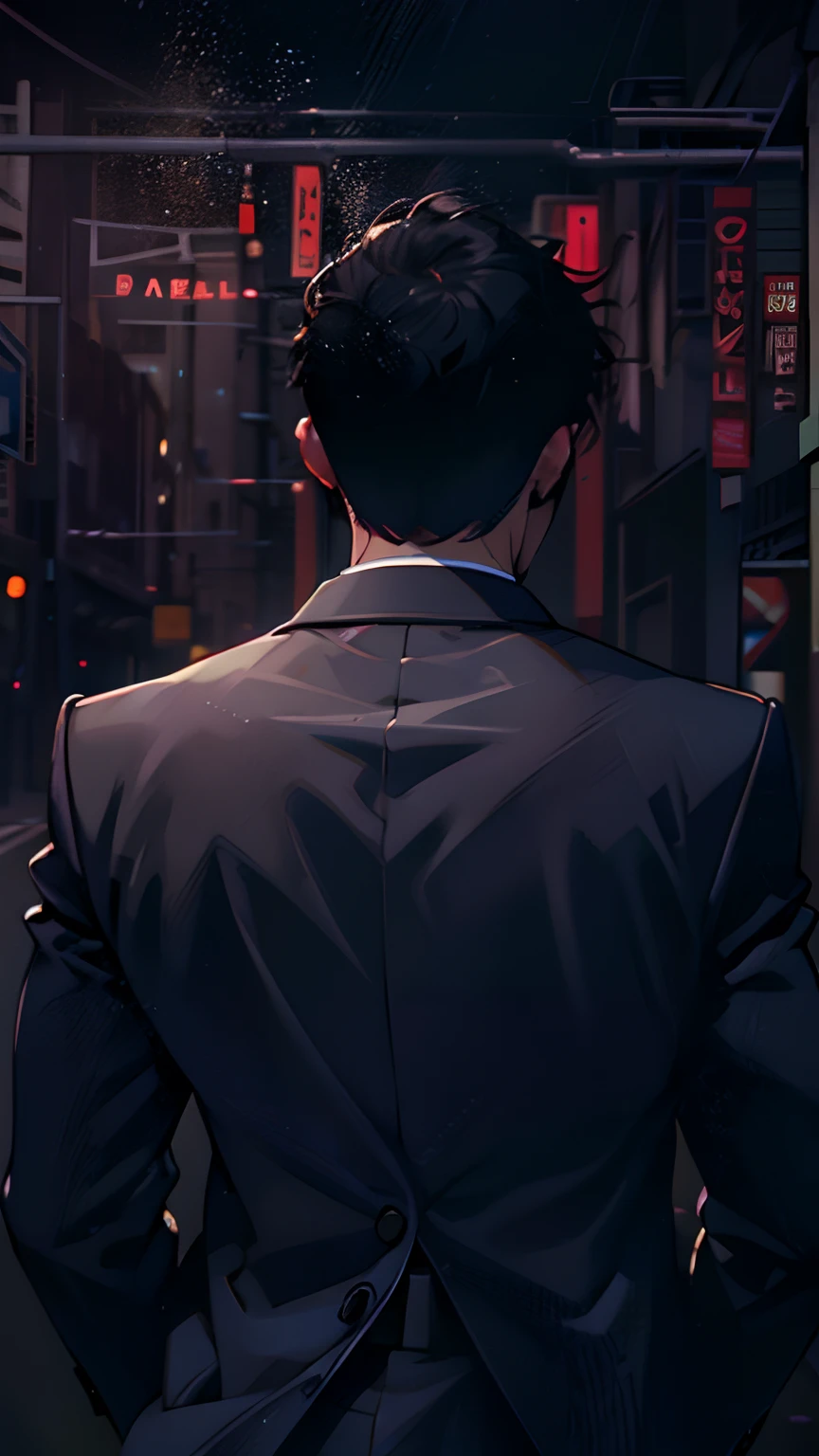 Man in suit with his back to camera Dark scenery 8K quality, obra prima