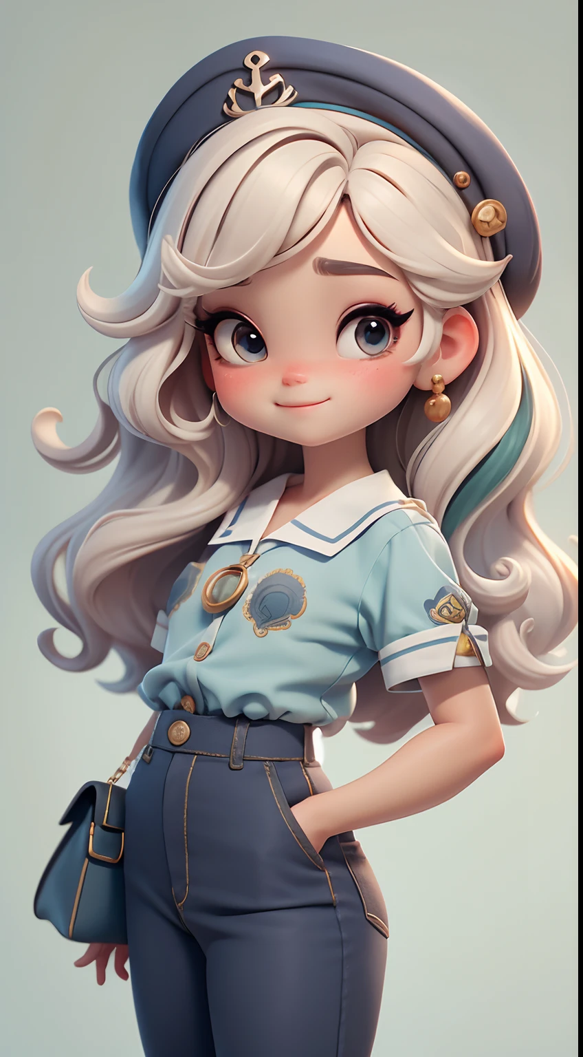 Create a series of cute cute baby chibi style dolls with a cute sailor theme, each with lots of detail and in an 8K resolution. All dolls should follow the same solid background pattern and be complete in the image, mostrando o (corpo inteiro, incluindo as pernas: 1.5)
Boneca Mini marinheiro: Chame-a de Marina. Ela deve ter cabelo pequeno em tom multicolorido. Seus olhos devem ser grandes e expressivos, with long eyelashes and rosy cheeks. Sorriso delicado e branco. Marina deve estar vestida com uma camisa, Camiseta, trousers and an ornate sailor's hat. She must hold navigation accessories. Certifique-se de adicionar detalhes nas roupas, such as buttons and pockets, sapato bonito
Certifique-se de adicionar sombras, texturas e detalhes nos cabelos, roupas, Safari utensils, to make them even more adorable and charming.