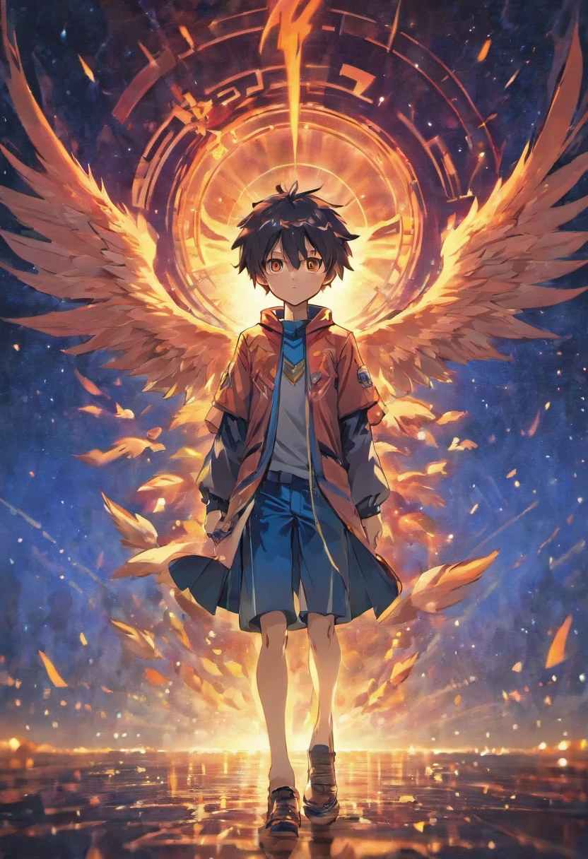 (Masterpiece, Best quality: 1.2), A boy with phoenix wings stands in the aperture, with glowing red eyes, Phoenix, lotuses, blue clothes, background starry sky