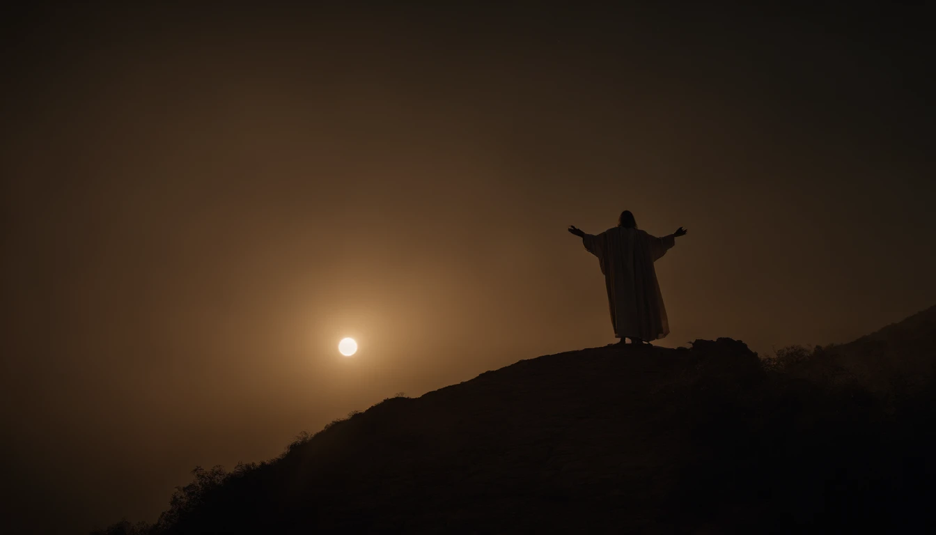 Jesus rezando no monte tabor, Looking Up The Sky, noite, luz do luar.  Arte sacra