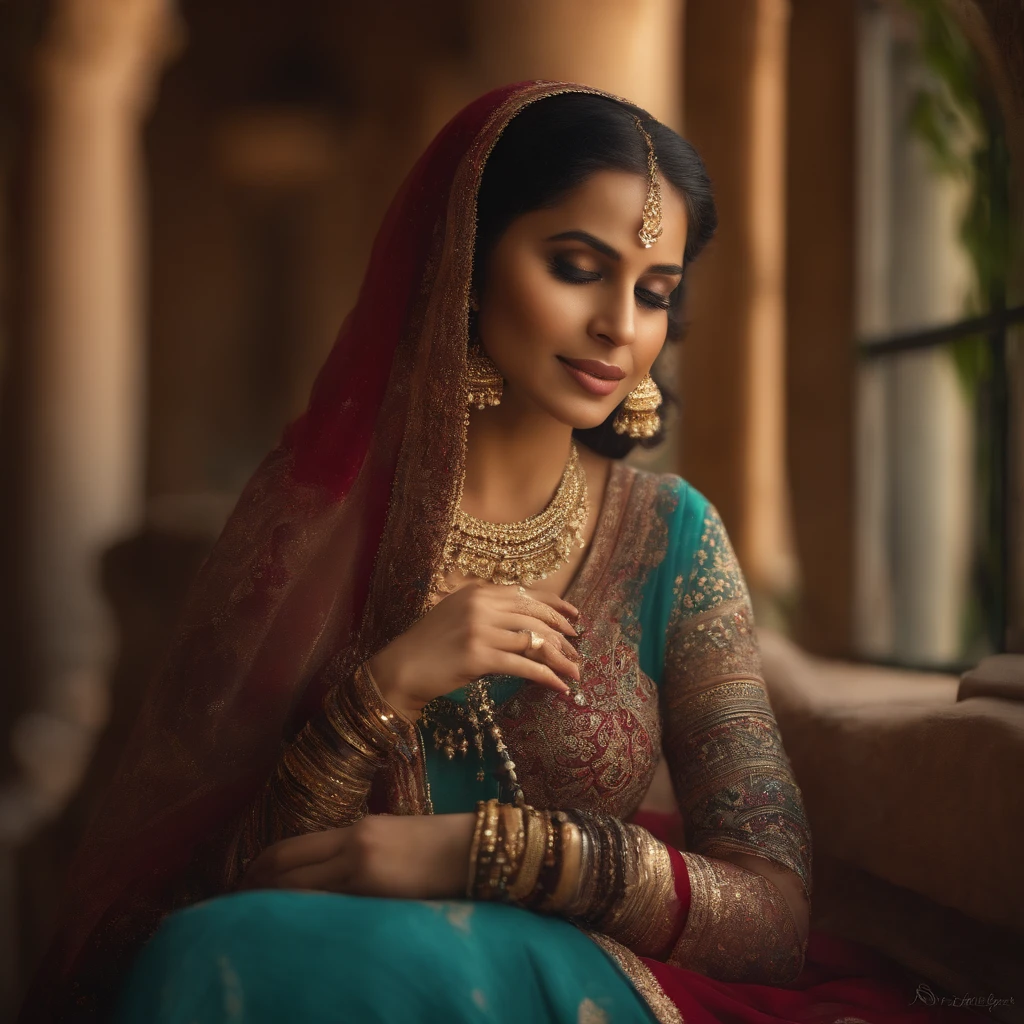 (best quality,4k,8k,highres,masterpiece:1.2),ultra-detailed,(realistic,photorealistic,photo-realistic:1.37),beautiful detailed eyes,beautiful detailed lips,extremely detailed eyes and face,long eyelashes,soft and glowing skin,long silky black hair,modestly dressed in traditional Muslim attire,golden jewelry adorning her ears and fingers,delicate henna patterns on her hands and feet,serene expression with a hint of confidence,enjoying a cup of fragrant tea in a beautifully decorated teacup,surrounded by lush greenery in a serene garden,birds chirping and colorful flowers blooming,soft sunlight casting a warm glow on her,peaceful atmosphere with a gentle breeze,splashes of vibrant colors in the background,bringing life and energy,touches of gold and silver to add a touch of elegance,hint of mystical aura surrounding her,exuding grace and poise,blending cultural traditions with contemporary beauty,an empowering representation of Muslim women.