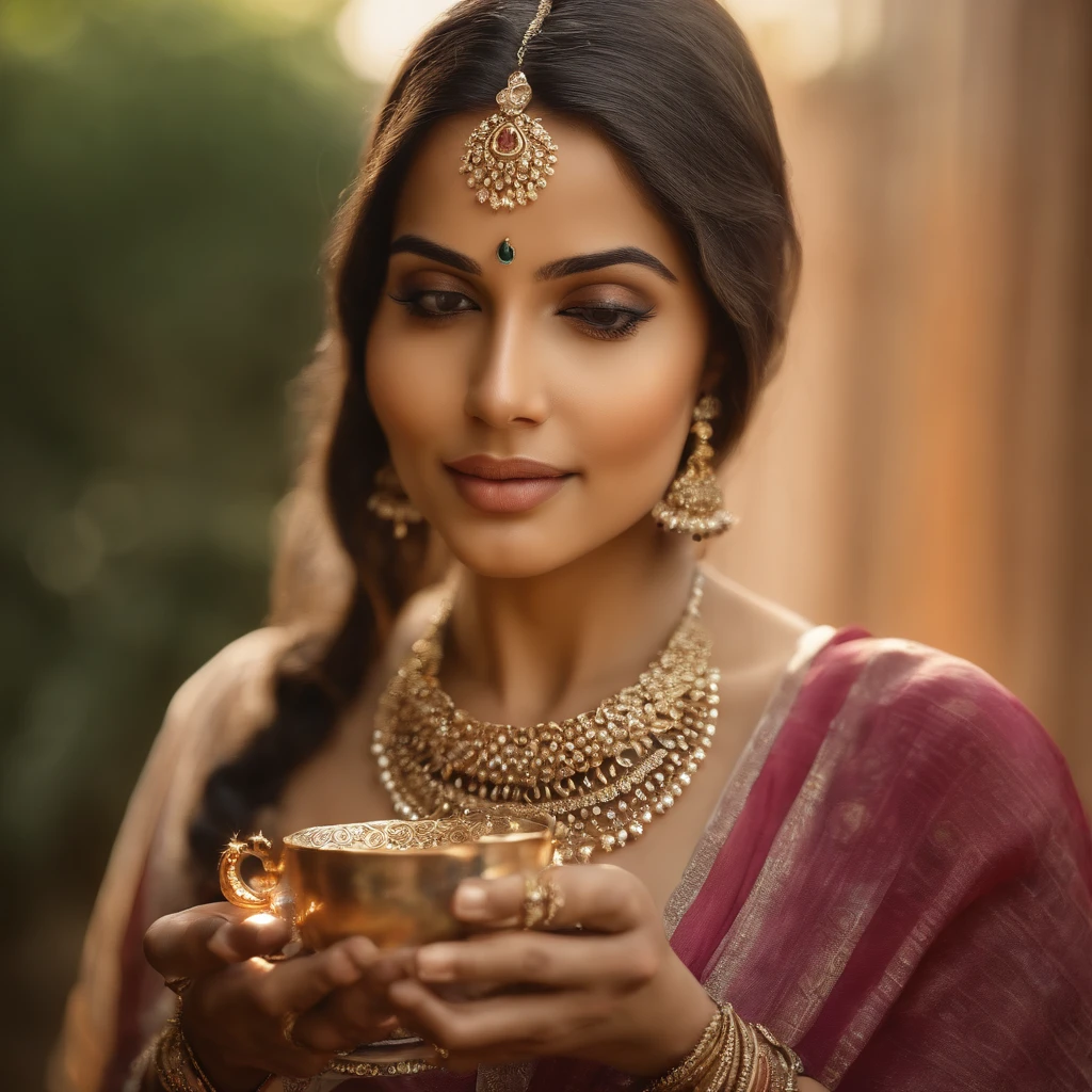 (best quality,4k,8k,highres,masterpiece:1.2),ultra-detailed,(realistic,photorealistic,photo-realistic:1.37),beautiful detailed eyes,beautiful detailed lips,extremely detailed eyes and face,long eyelashes,soft and glowing skin,long silky black hair,modestly dressed in traditional Muslim attire,golden jewelry adorning her ears and fingers,delicate henna patterns on her hands and feet,serene expression with a hint of confidence,enjoying a cup of fragrant tea in a beautifully decorated teacup,surrounded by lush greenery in a serene garden,birds chirping and colorful flowers blooming,soft sunlight casting a warm glow on her,peaceful atmosphere with a gentle breeze,splashes of vibrant colors in the background,bringing life and energy,touches of gold and silver to add a touch of elegance,hint of mystical aura surrounding her,exuding grace and poise,blending cultural traditions with contemporary beauty,an empowering representation of Muslim women.