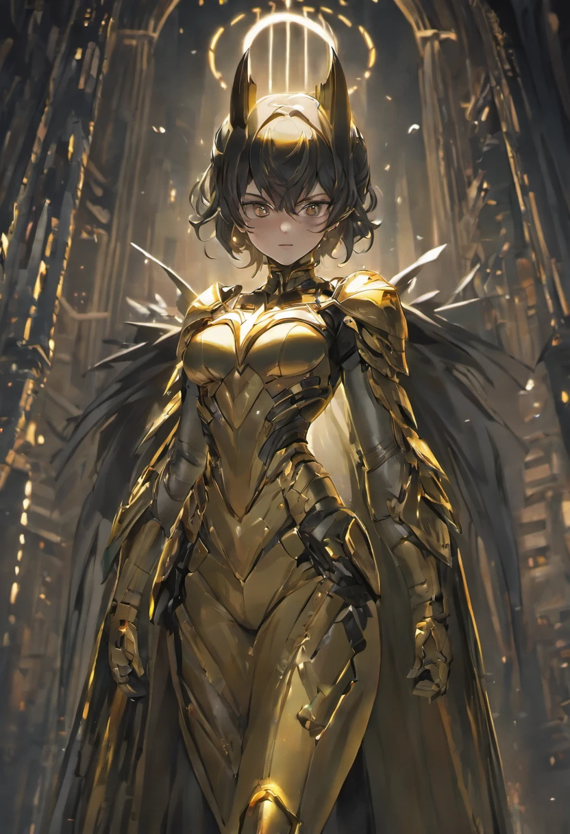 748cm, 1girl, black hair, golden eyes, torn big cloak, bright pupils, tanned, white nails, short hair, pulled back bangs, mechanical left arm, masterpiece, best quality, amazing quality, very aesthetic, absurdres, newest