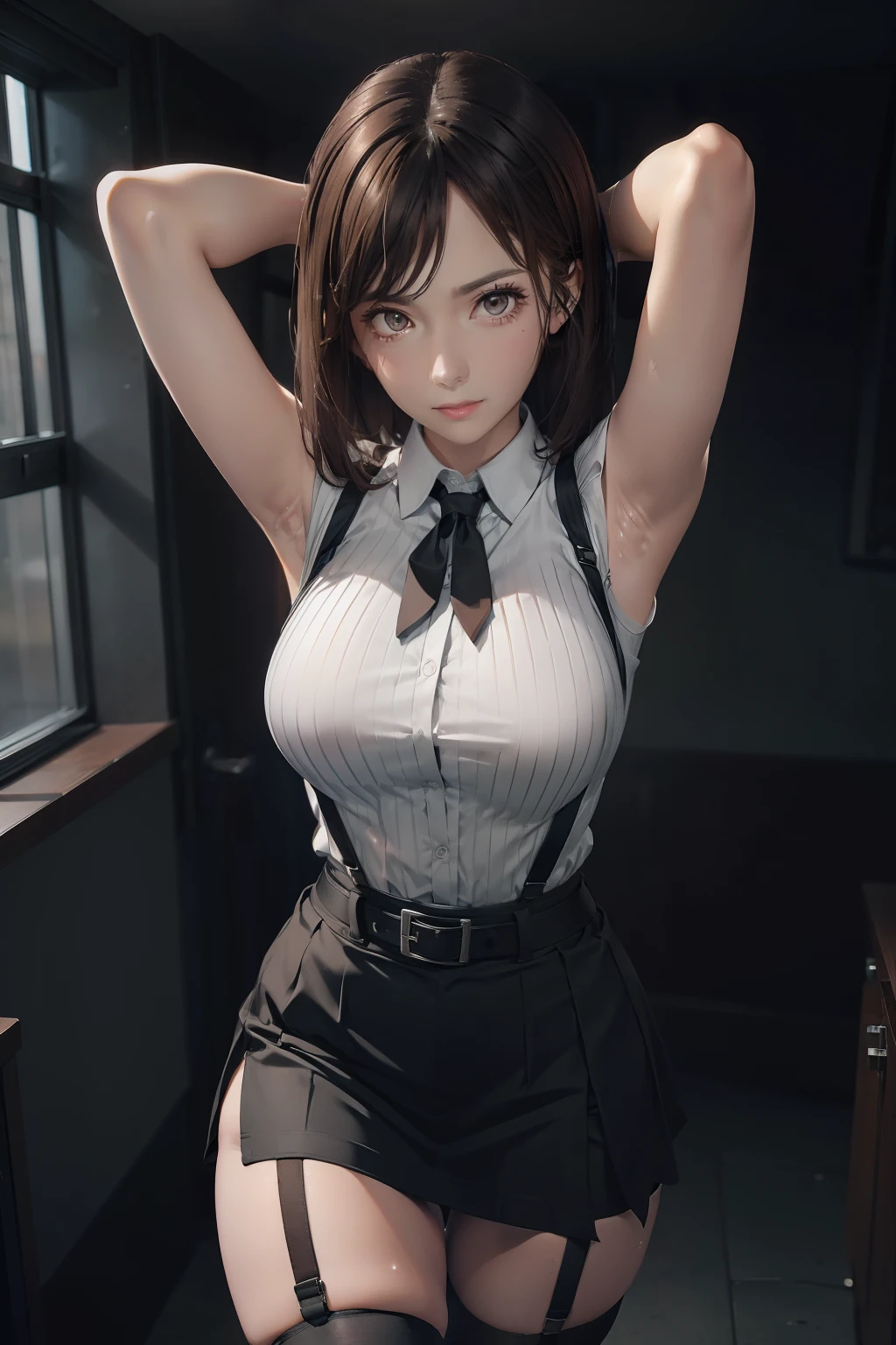 Black skirt, 　suspenders, Brown hair Gray eyes, Garter belt on the legs, Tight clothes, 　　 a belt　Armpit sweat　　deadpan　Moderate breasts