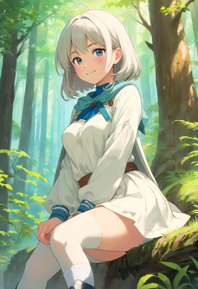 masterpiece, best quality, ultra-detailed, beautiful detailed eyes, extremely detailed eyes and face, 1girl, flarejioral, sidelocks, cleavage, cape, long sleeves, white skirt, pleated skirt, white thighhighs, boots, white footwear, cross-laced footwear, knee boots, ((large breasts)),sitting crossing leg, looking at viewer, smiling, forest, cowboy shot,
