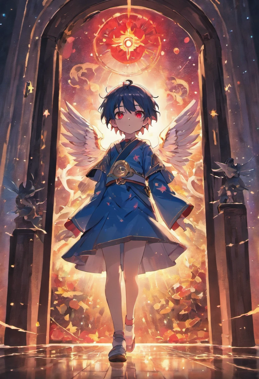 Masterpiece, Best quality: 1.2), A boy with wings stands in the aperture, with glowing red eyes,Deities, lotuses, blue clothes, background starry sky