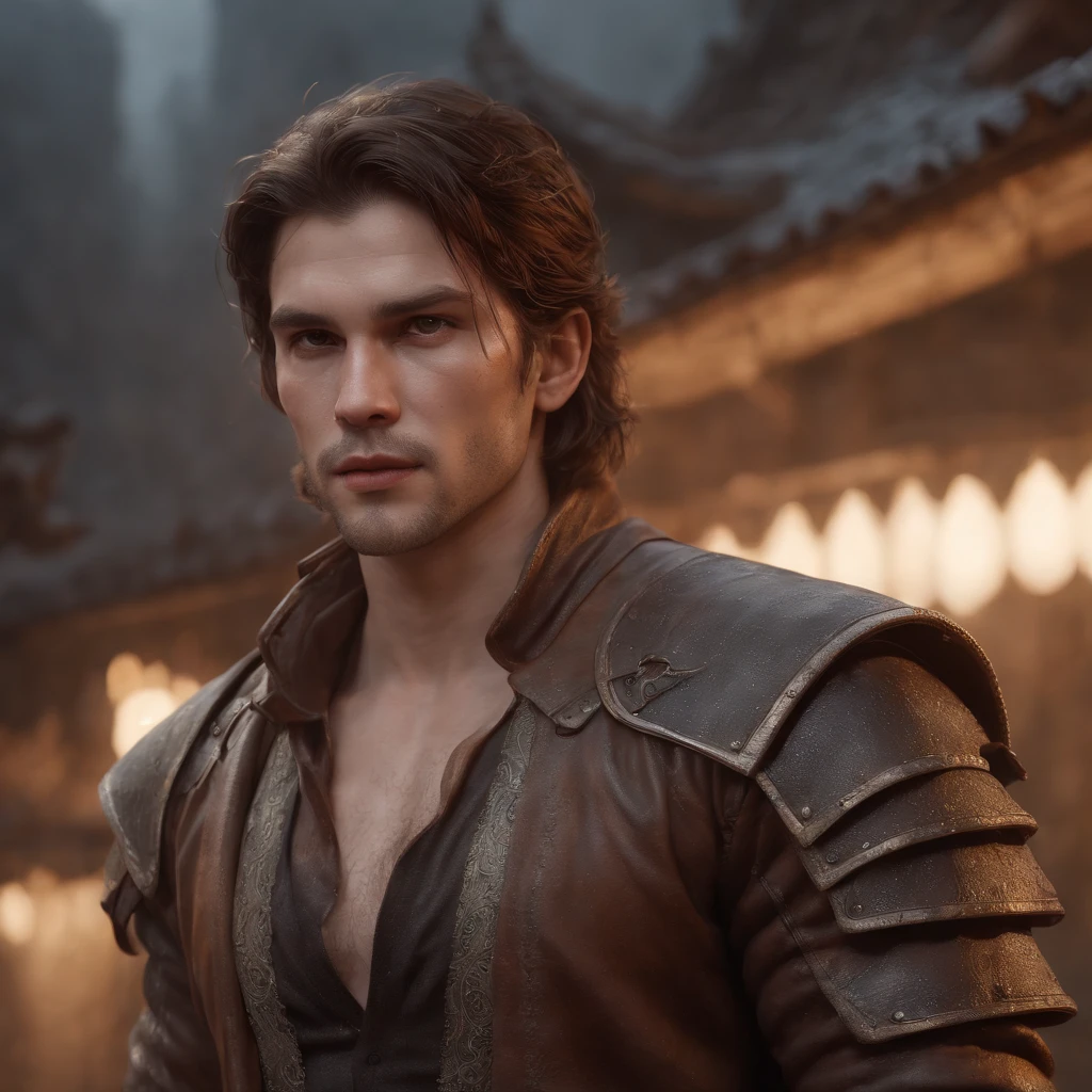 (professional 3d render:1.3) af (Realistic:1.3) most beautiful artwork photo in the world，Features soft and shiny male heroes, ((Epic hero fantasy muscle man rough wet hero angry look long hair short beard and ferocious expression in dynamic pose, Fantastic location, Majestic cluttered environment)), full body 8k unity render, action shot, skin pore, very dark lighting, heavyshading, Detailed, Detailed face, (vibrant, photograph realistic, Realistic, Dramatic, Dark, Sharp focus, 8K), (Old leather garments damaged by weathering:1.4), ((((Wear fur)))), (Intricate:1.4), decadent, (Highly detailed:1.4), Digital painting, rendering by octane, art stations, concept-art, smooth, Sharp focus, illustration, Art germ, (loish:0.23), wlop ilya kuvshinov, and greg rutkowski and alphonse mucha gracias, (Global illumination, Studio light, volumettic light), heavy rain, particles floating, lotr, fantasy, elf, full bodyesbian, ((Dark and ancient city background:1.3)),CGSesociety,art stations
