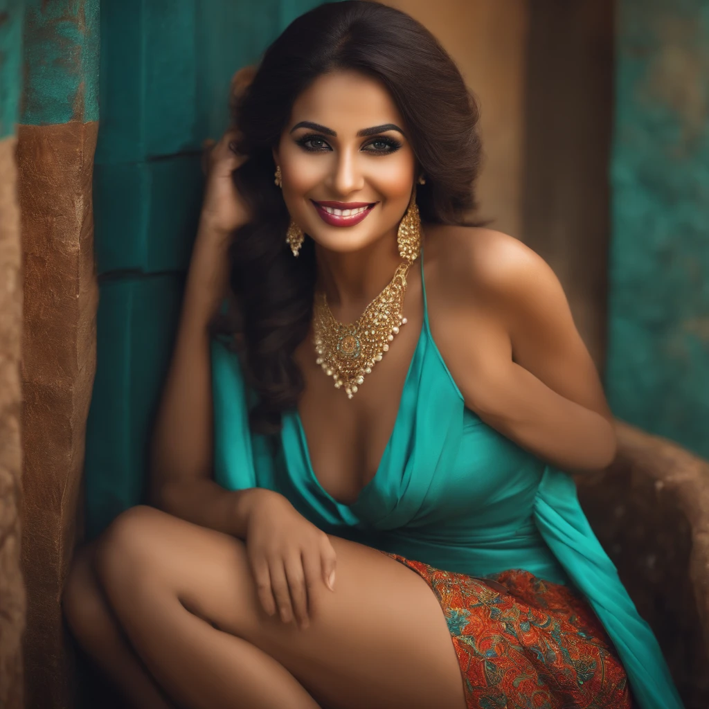a sexy muslim woman, sitting smiling face,