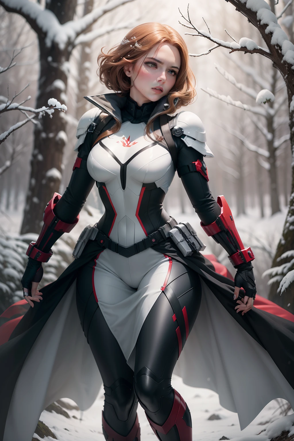 Black Widow full body in a white, terno de armadura dourado e preta, em uma floresta de neve branca, neve caindo sobre a armadura, O pecado brilha sobre o traje de armadura, hyper realistic, fotorrealista, 8k, uma foto premiada