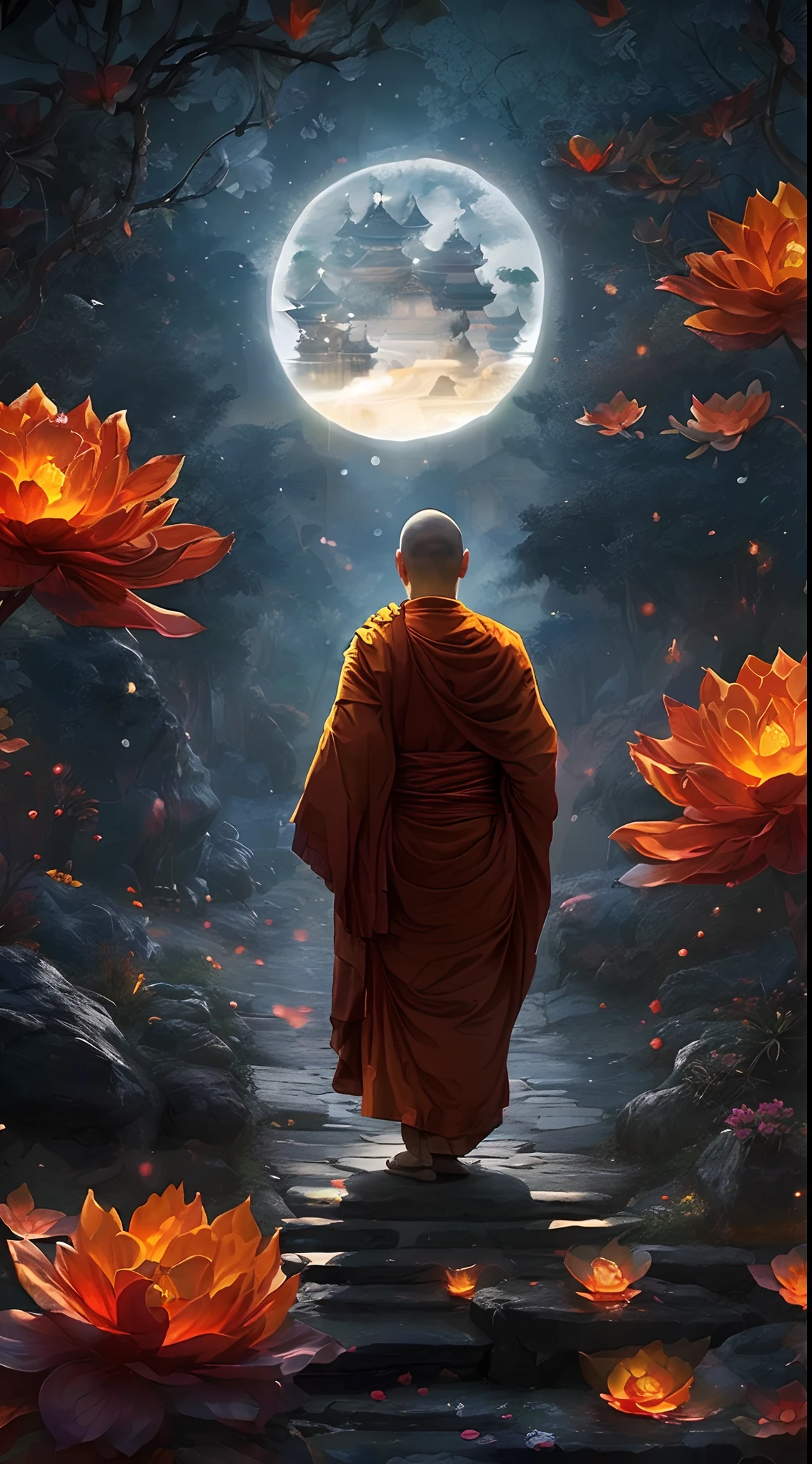 there is a monk walking down a path with flowers in the background, monk meditate, on path to enlightenment, on the path to enlightenment, buddhist monk, monk, buddhist, buddhism, concept art of a monk, beautiful digital artwork, wearing flowing robes, buddhist monk meditating, background artwork, spiritual enlightenment, samsara, beautiful art uhd 4 k, monk clothes