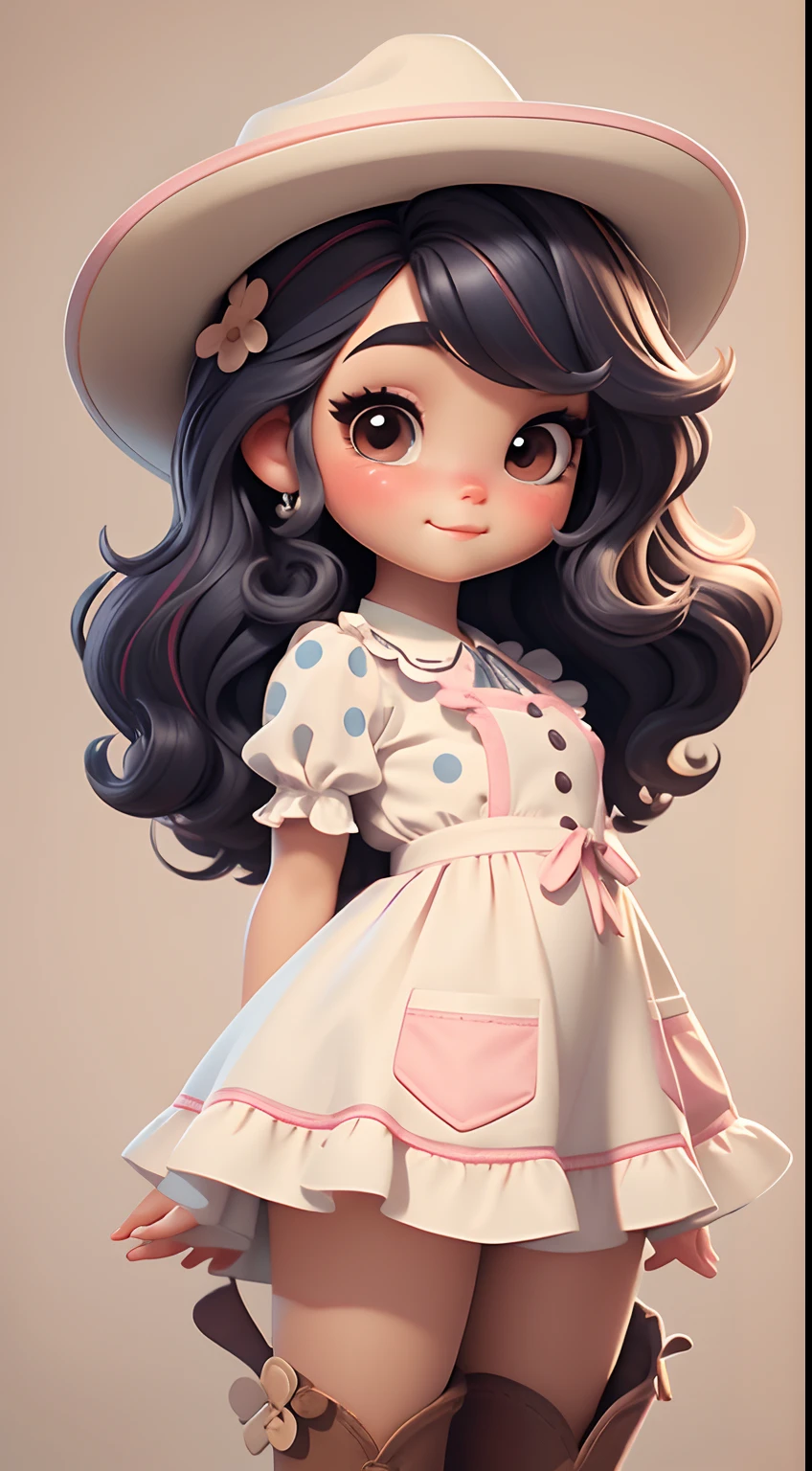 Create a series of cute baby dolls brunette skin chibi cute baby style with a cute cowgirl theme, each with lots of detail and in an 8K resolution. All dolls should follow the same solid background pattern and be complete in the image, mostrando o (corpo inteiro, incluindo as pernas: 1.5)
Boneca cowgirl: Chame-a de Mia. She should have medium wavy multicolored hair. Seus olhos devem ser grandes e curiosos, with long eyelashes and slightly pinkish cheeks. Mia should be dressed in a delicate jumpsuit, cowboy boot and a polka dot blouse and a cowboy hat is cute. She must hold farm accessories. Add details like pockets and ruffles to the apron to make it even more charming, sapato bonito
Certifique-se de adicionar sombras, texturas e detalhes nos cabelos, roupas, Cute cowboy utensils, to make them even more adorable and charming.
