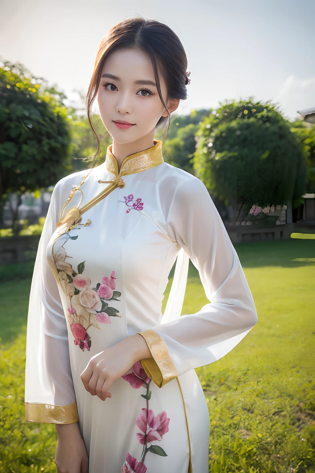 (masutepiece 、Best Quality 、HDR UHD 、Professional)、(Photorealsitic:1.4)、1girl in、(Wearing Ao Dai)、Natural light、(Looking at Viewer:1.331)、Posing、vietnam、Looks fun、