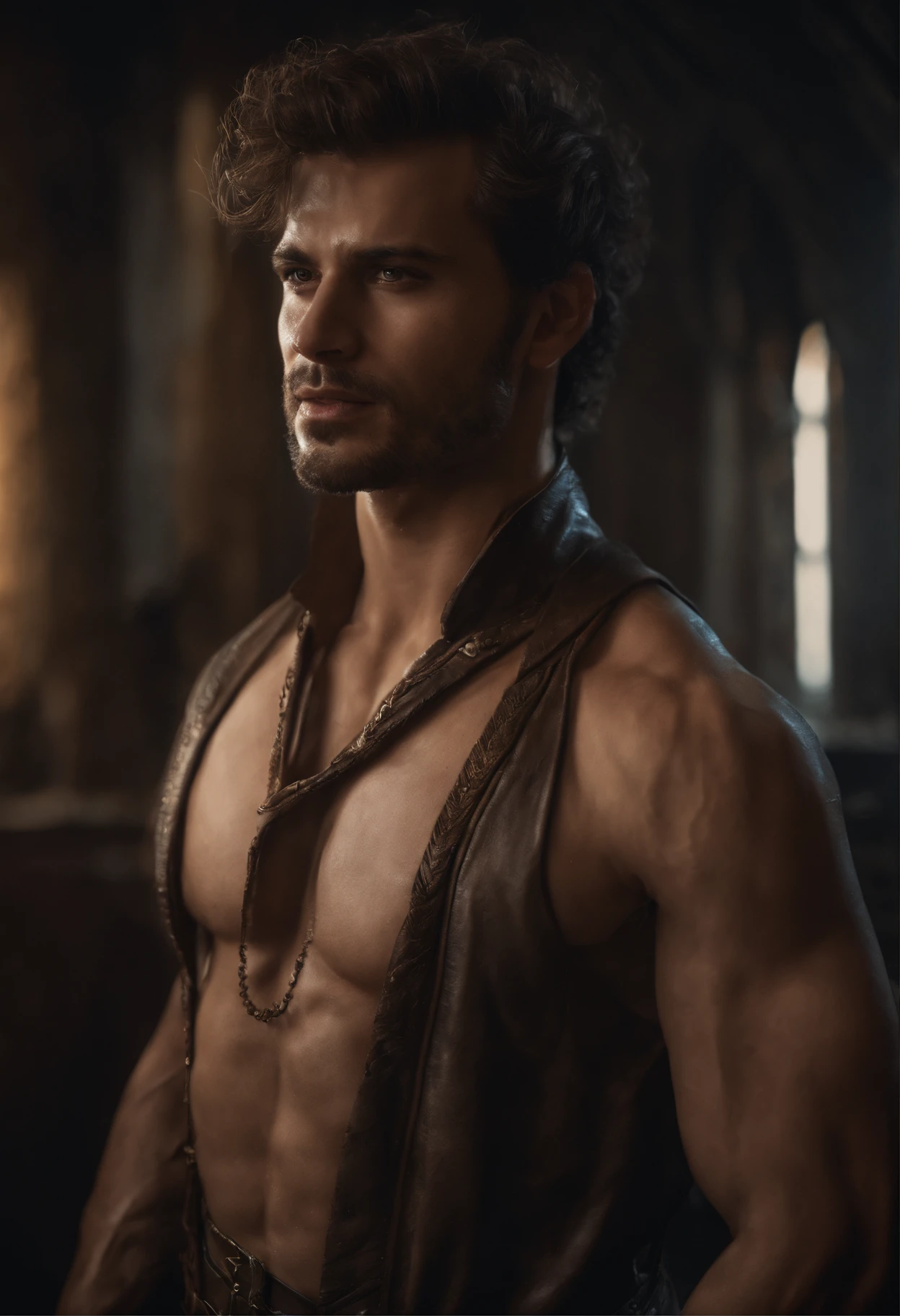 (professional 3d render:1.3) af (Realistic:1.3) most beautiful artwork photo in the world,Features soft and shiny male heroes, ((Epic Modern futreristic hero fantasy muscle man rough hero angry look short messy hair short beard and ferocious expression in dynamic pose, Fantastic location, Majestic cluttered environment)), full body 8k unity render, action shot, skin pore, dark lighting, heavy shading, Detailed, Detailed face, (vibrant, photograph realistic, Realistic, Dramatic, Dark, Sharp focus, 8K), (Old leather garments damaged by weathering:1.4), ((((Wear fur)))), (Intricate:1.4), decadent, (Highly detailed:1.4), Digital painting, rendering by octane, art stations, concept-art, smooth, Sharp focus, illustration, Art germ, (loish:0.23), wlop ilya kuvshinov, and greg rutkowski and alphonse mucha, (Global illumination, Studio light, volumettic light), heavy rain, particles floating, lotr, fantasy, elf, full bodyesbian, ((Dark and ancient city background:1.3)),CGSesociety,art stations