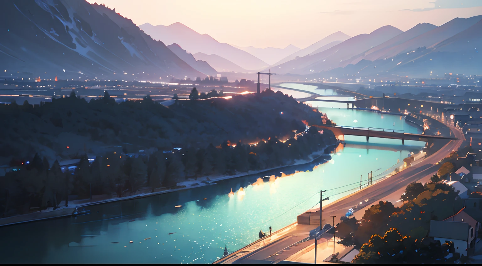 High quality masterpiece ，scenecy，Anime train passing through bodies of water on tracks， Glittering starry sky。Romantic train，Pisif，concept-art，Lofi art style，Reflectors。 By Makoto Shinkai, Lofi art, beautiful anime scenes, Anime landscapes, Detailed scenery —width 672, in the style of makoto shinkai, Makoto Shinkai's style，Detail enhancement