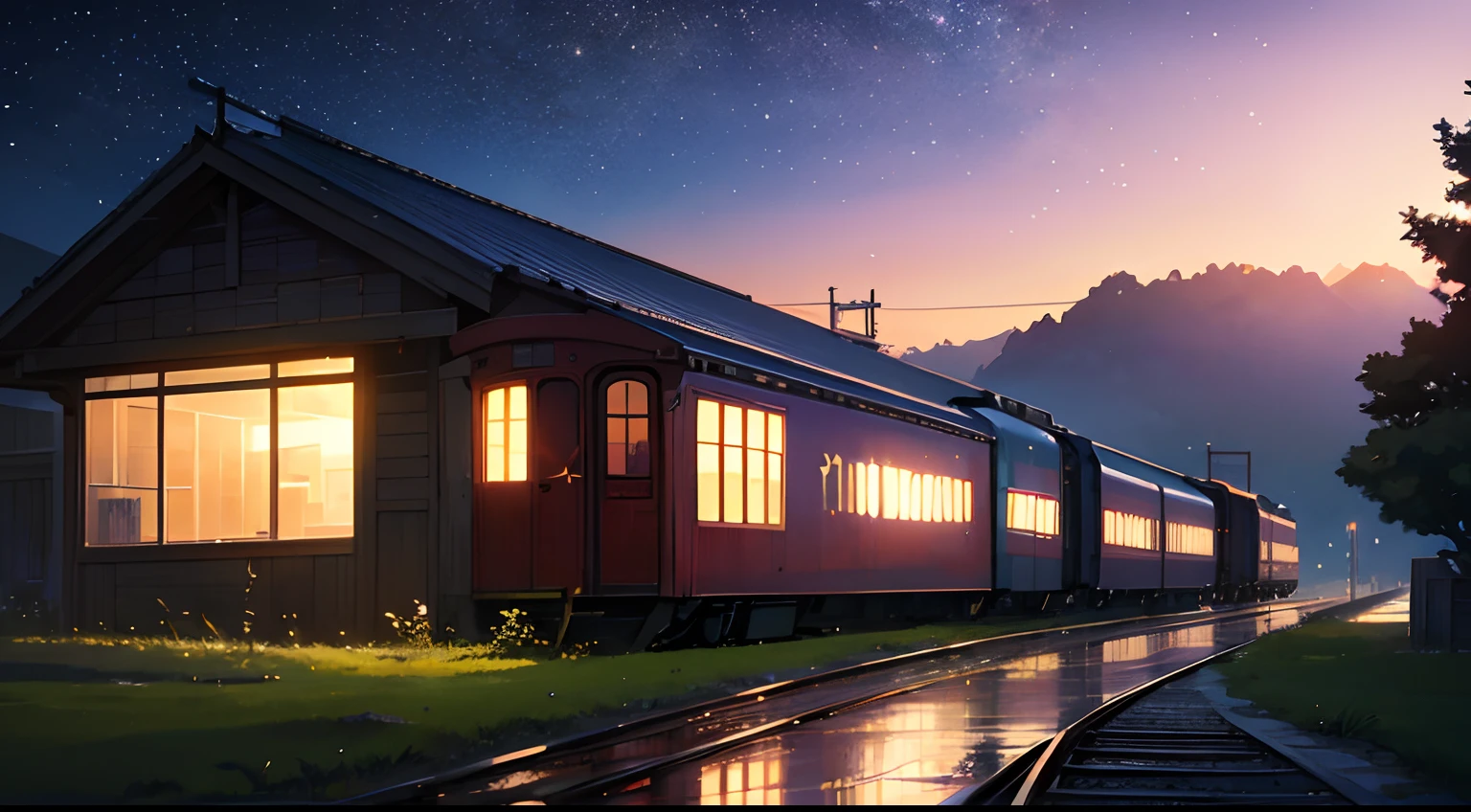 High quality masterpiece ,scenecy,Anime train passing through bodies of water on tracks, Glittering starry sky。Romantic train,Pisif,concept-art,Lofi art style,Reflectors。 By Makoto Shinkai, Lofi art, beautiful anime scenes, Anime landscapes, Detailed scenery —width 672, in the style of makoto shinkai, Makoto Shinkai's style,Detail enhancement