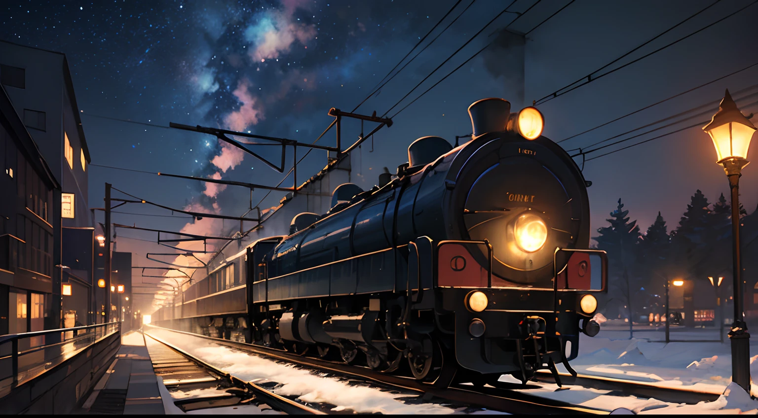 High quality masterpiece ，scenecy，Anime train passing through bodies of water on tracks， Glittering starry sky。Romantic train，Pisif，concept-art，Lofi art style，Reflectors。 By Makoto Shinkai, Lofi art, beautiful anime scenes, Anime landscapes, Detailed scenery —width 672, in the style of makoto shinkai, Makoto Shinkai's style，Detail enhancement