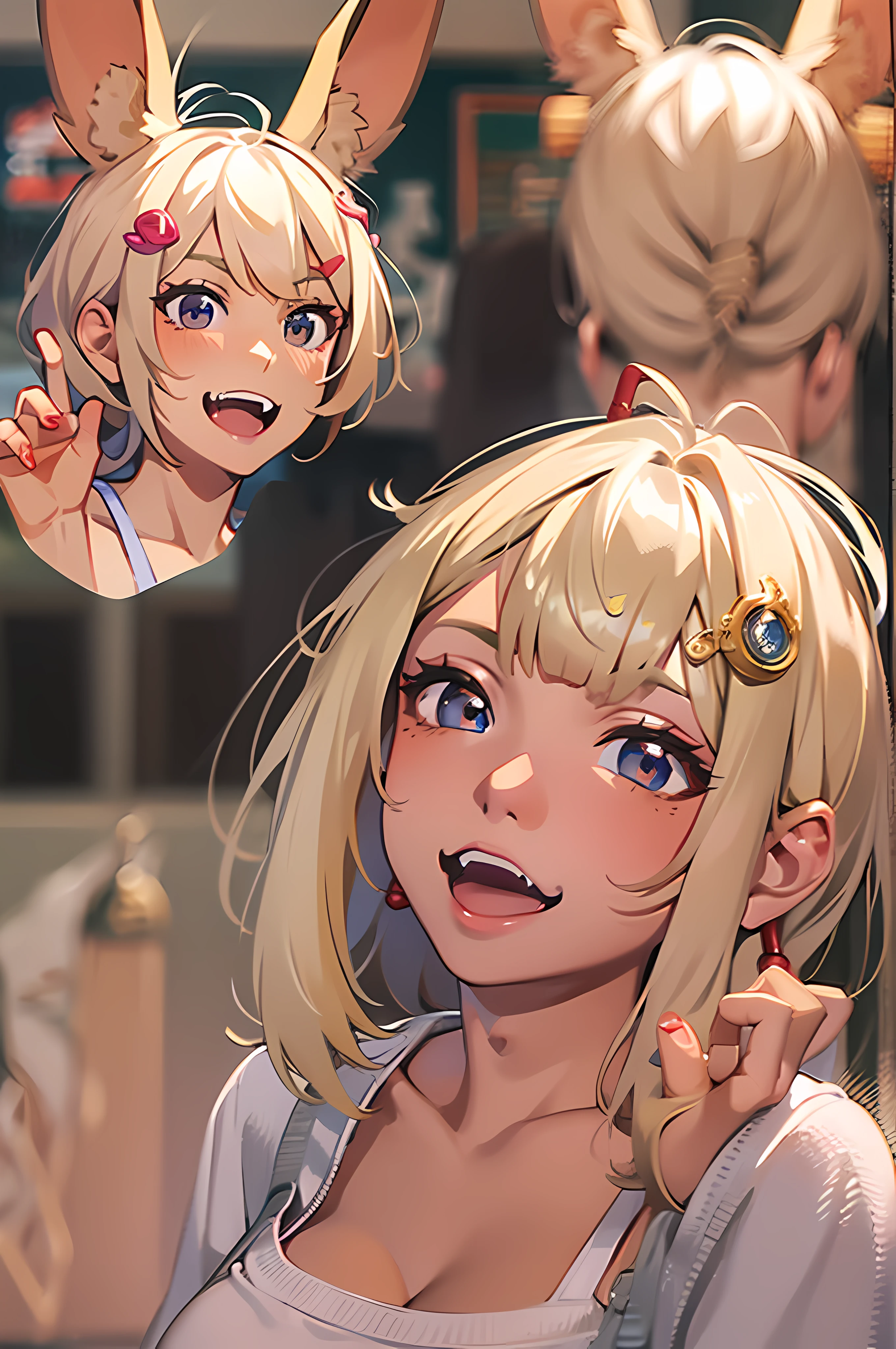 (NFSW), hentai art, porn, explicit nudity, nude girl, sexy, sex, blonde hair, hair bobbles, wince, longeyelashes, solid circle eyes, fake animal ears, light smile, ear blush, fang, Surrealism, drop shadow, anaglyph, stereogram, tachi-e, pov, atmospheric perspective, 8k, super detail, ccurate, best quality