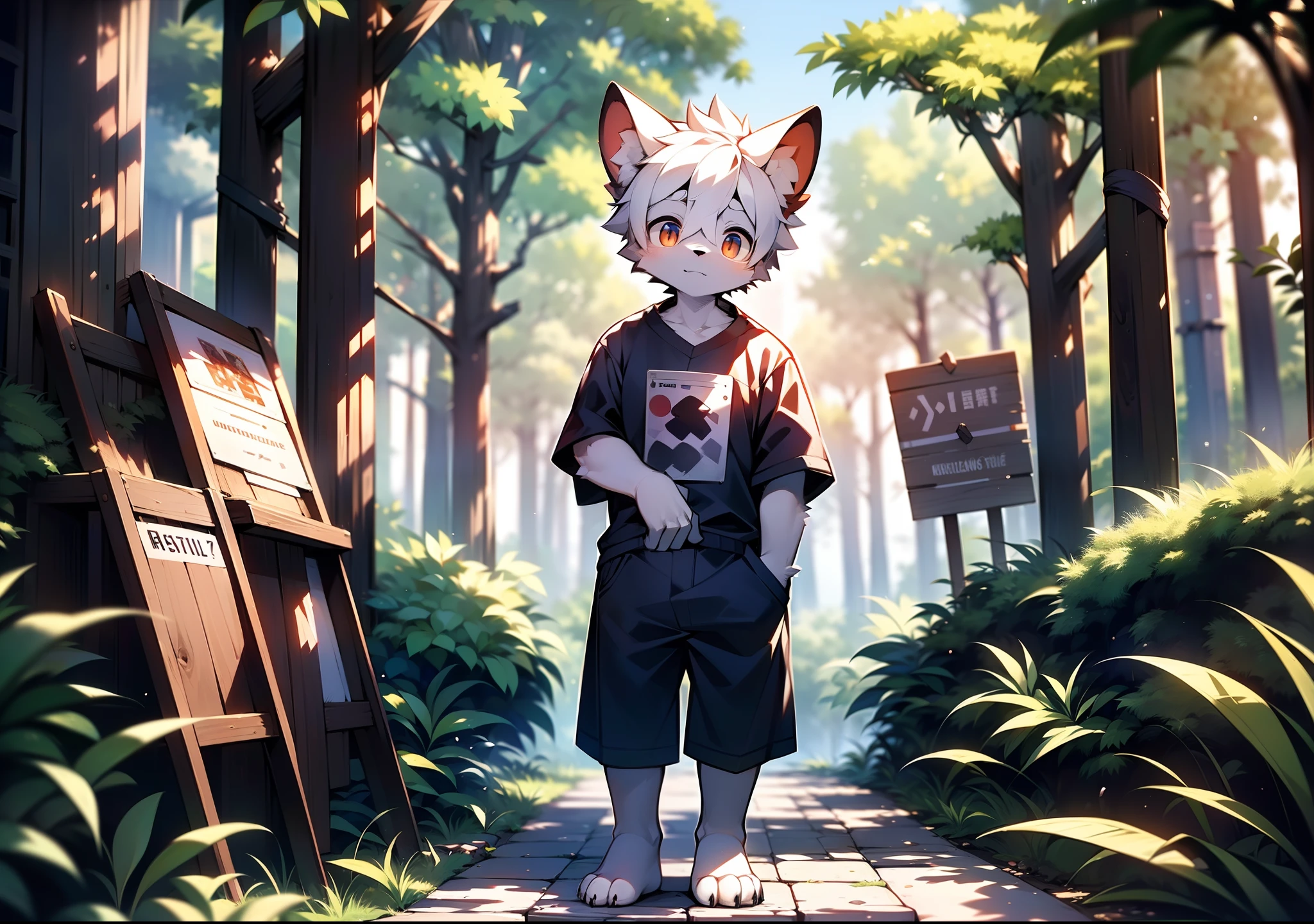 Libido boy，furry wolf，((Shota)), Black and white hair, Very good figure, Handsome，adolable, Light：Extreme light and shadow, Reflective skin,Reddish skin，((worn-out clothing，Commoner)) ，((Deep in the forest，Stone path，Signs，独奏，solo person))，Outdoor sunset，((the detail))，（depth of fields），standing on your feet