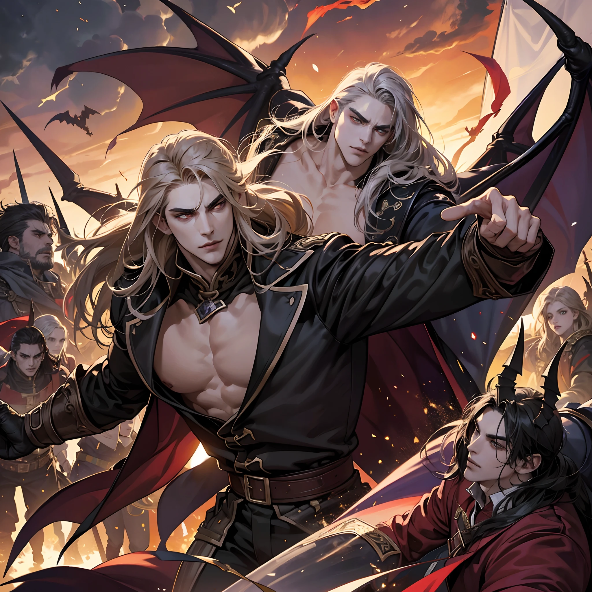 Castlevania Shadow Lord handsome muscular Lord Dracula leading troops armed with demons to war hyper realistic super detailed Dynamic pose super detailed faces hyper realistic super detailed