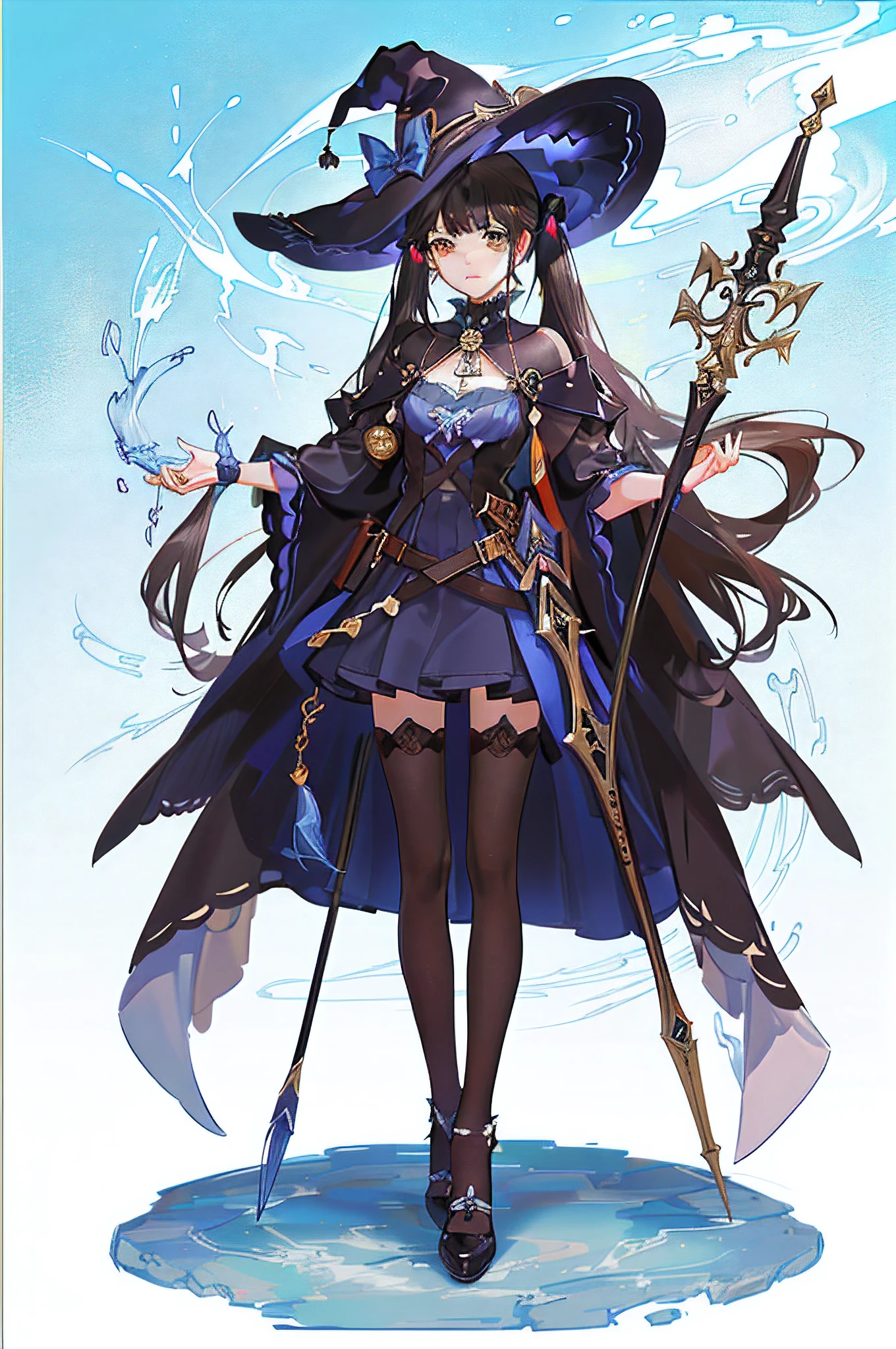 colorful butterfly,girl,full body,witch hat,(detailed face:1.2), Tarot border,The portrait is centered,(no weapon),, medium hair, black hair, twintails, blunt bangs, brown eyes,