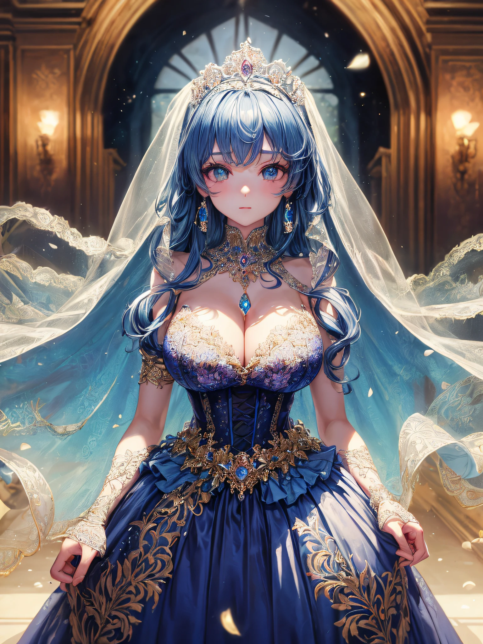 (masterpiece, best quality,extremely detailed,moe anime art style:1.1),1girl, (solo), cute, kawaii,digital art,((1 bling-bling anime princess wearing beautiful embroidery and jeweled gorgeous princess ballgown with voluminous full length hoop skirt)),((crinoline)),long train,voluminous frills,(gorgeous embroidery and beautiful lace),(very gigantic boobs,cleavage,skindentation),((shiny hair,voluminous absurdly straight long hair)),((finely detailed face and eyes)),clear pupil,extremely gorgeousfull hair ornament,(bling-bling jeweled extremely gorgeousfull tiara),((bling-bling gorgeous gemstone jewelry)),long veil,((beautiful background)),flowers,flower petals flowing,(looking away),((beautiful embroidery and jeweled gorgeous princess ballgown with voluminous full length hoop skirt))