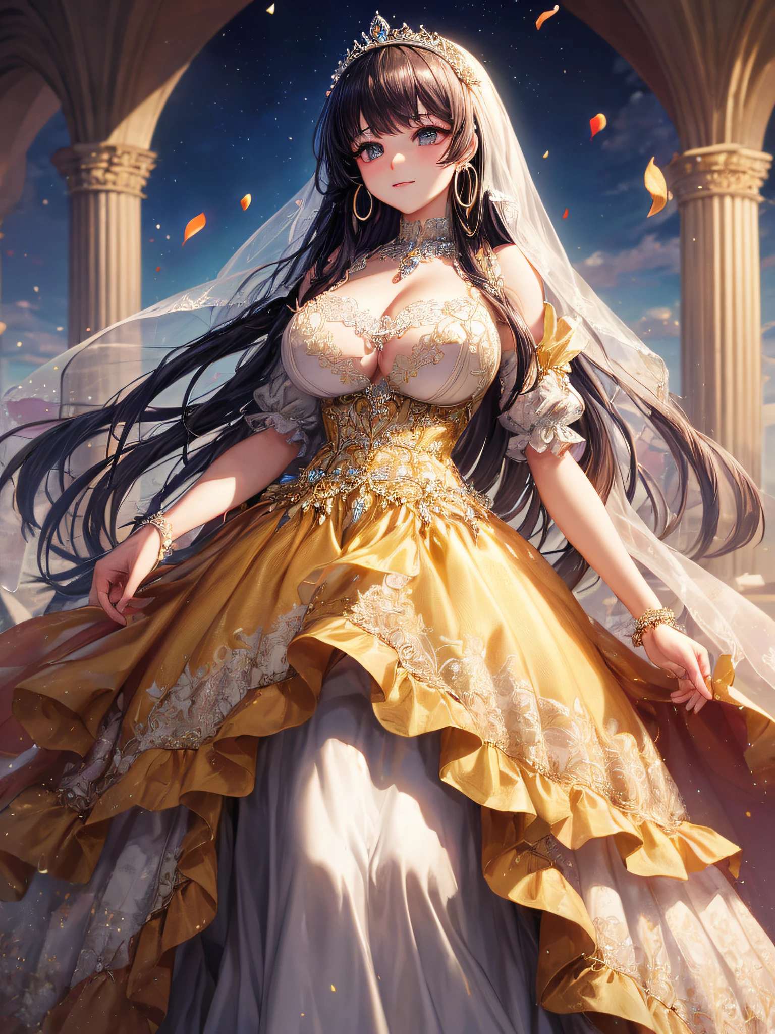 (masterpiece, best quality,extremely detailed,moe anime art style:1.1),1girl, (solo), cute, kawaii,digital art,((1 bling-bling anime princess wearing beautiful embroidery and jeweled gorgeous princess ballgown with voluminous full length hoop skirt)),((crinoline)),long train,voluminous frills,(gorgeous embroidery and beautiful lace),(very gigantic boobs,cleavage,skindentation),((shiny hair,voluminous absurdly straight long hair)),((finely detailed face and eyes)),clear pupil,extremely gorgeousfull hair ornament,(bling-bling jeweled extremely gorgeousfull tiara),((bling-bling gorgeous gemstone jewelry)),long veil,((beautiful background)),flowers,flower petals flowing,(looking away),((beautiful embroidery and jeweled gorgeous princess ballgown with voluminous full length hoop skirt))