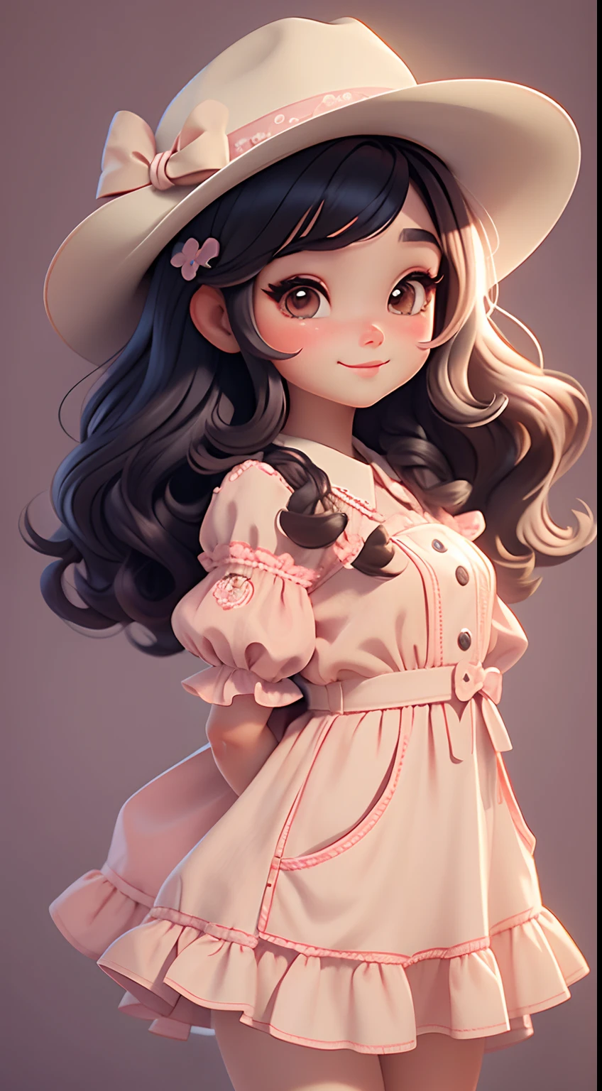Create a series of cute dolls brunette skin chibi cute babyle with a cute cowgirl theme, each with lots of detail and in an 8K resolution. All dolls should follow the same solid background pattern and be complete in the image, mostrando o (corpo inteiro, incluindo as pernas: 1.5)
Boneca cowgirl: Chame-a de Mia. She should have medium wavy multicolored hair. Seus olhos devem ser grandes e curiosos, with long eyelashes and slightly pinkish cheeks. Mia should be dressed in a delicate jumpsuit, cowboy boot and a polka dot blouse and a cowboy hat is cute. She must hold farm accessories. Add details like pockets and ruffles to the apron to make it even more charming, sapato bonito
Certifique-se de adicionar sombras, texturas e detalhes nos cabelos, roupas, Cute cowboy utensils, to make them even more adorable and charming.