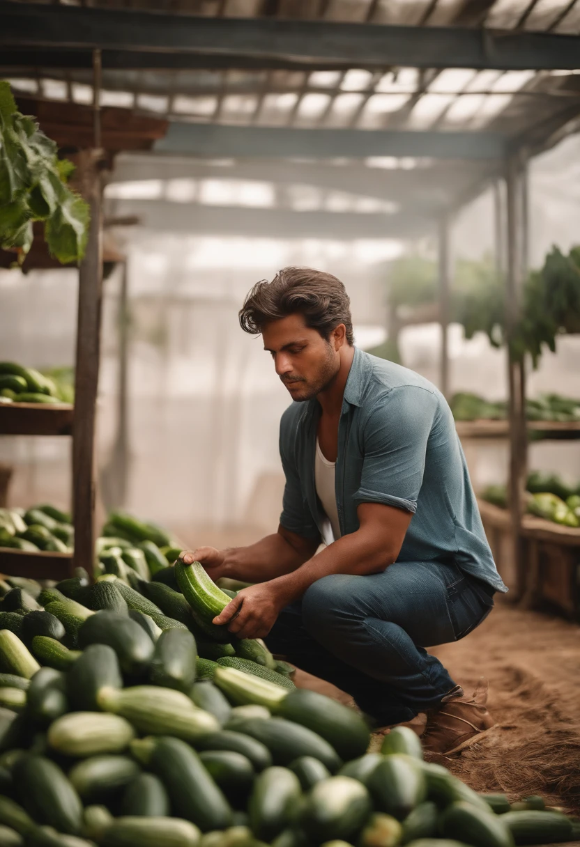 1 menino, fazenda, standing and looking at the cucumbers, Depois disso, He's crouching down and picking up a cucumber, preto e branco