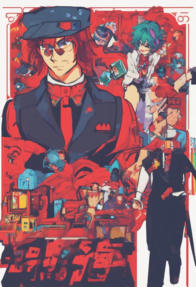 japanese male、Hair length is about a bob、Hair color with red inner color、wears a suit、Height is 180 cm、