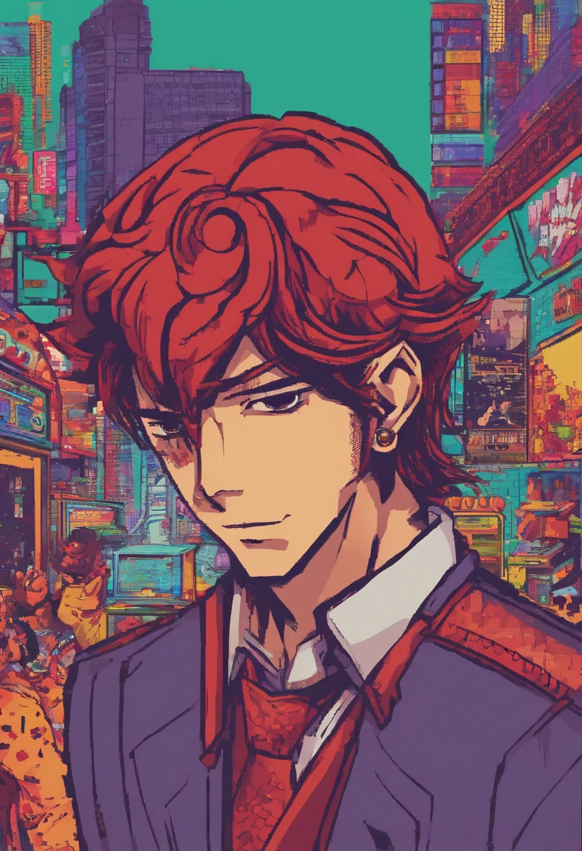 japanese male、Hair length is about a bob、Hair color with red inner color、wears a suit、Height is 180 cm、
