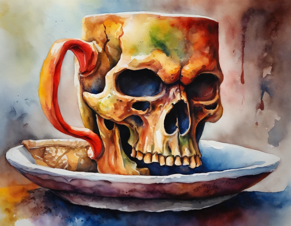 a skull mug, latte art, view from above, gremlin, sinister smile, (vivid colors: 1.5)