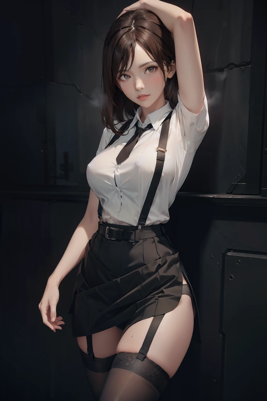 Black skirt, suspenders, Brown hair Gray eyes, Garter belt on the legs, Tight clothes, a belt Armpit sweat Tight look Moderate breasts