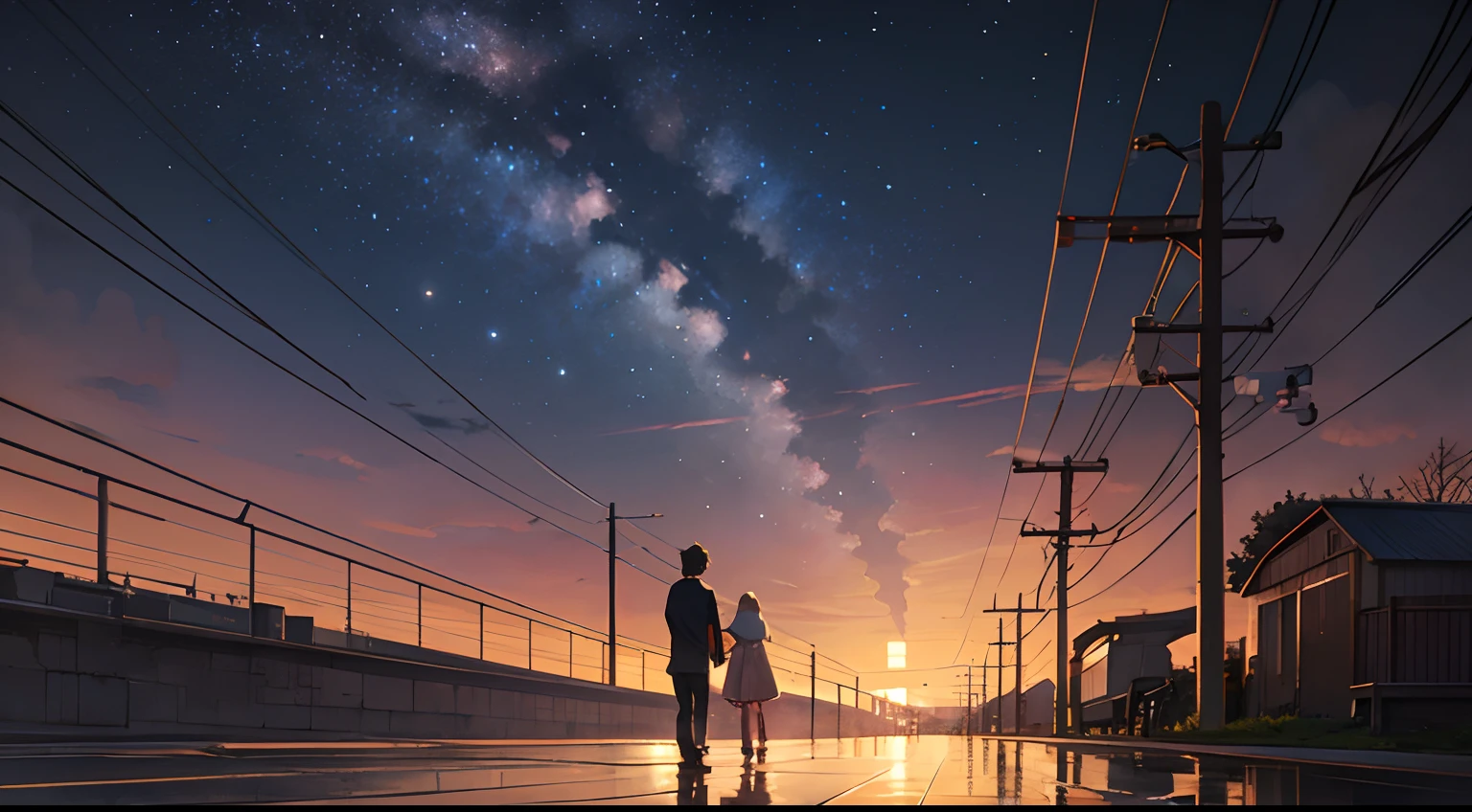 High quality masterpiece ,scenecy,Anime train passing through bodies of water on tracks, Glittering starry sky。Romantic train,Pisif,concept-art,Lofi art style,Reflectors。 By Makoto Shinkai, Lofi art, beautiful anime scenes, Anime landscapes, Detailed scenery —width 672, in the style of makoto shinkai, Makoto Shinkai's style,Detail enhancement