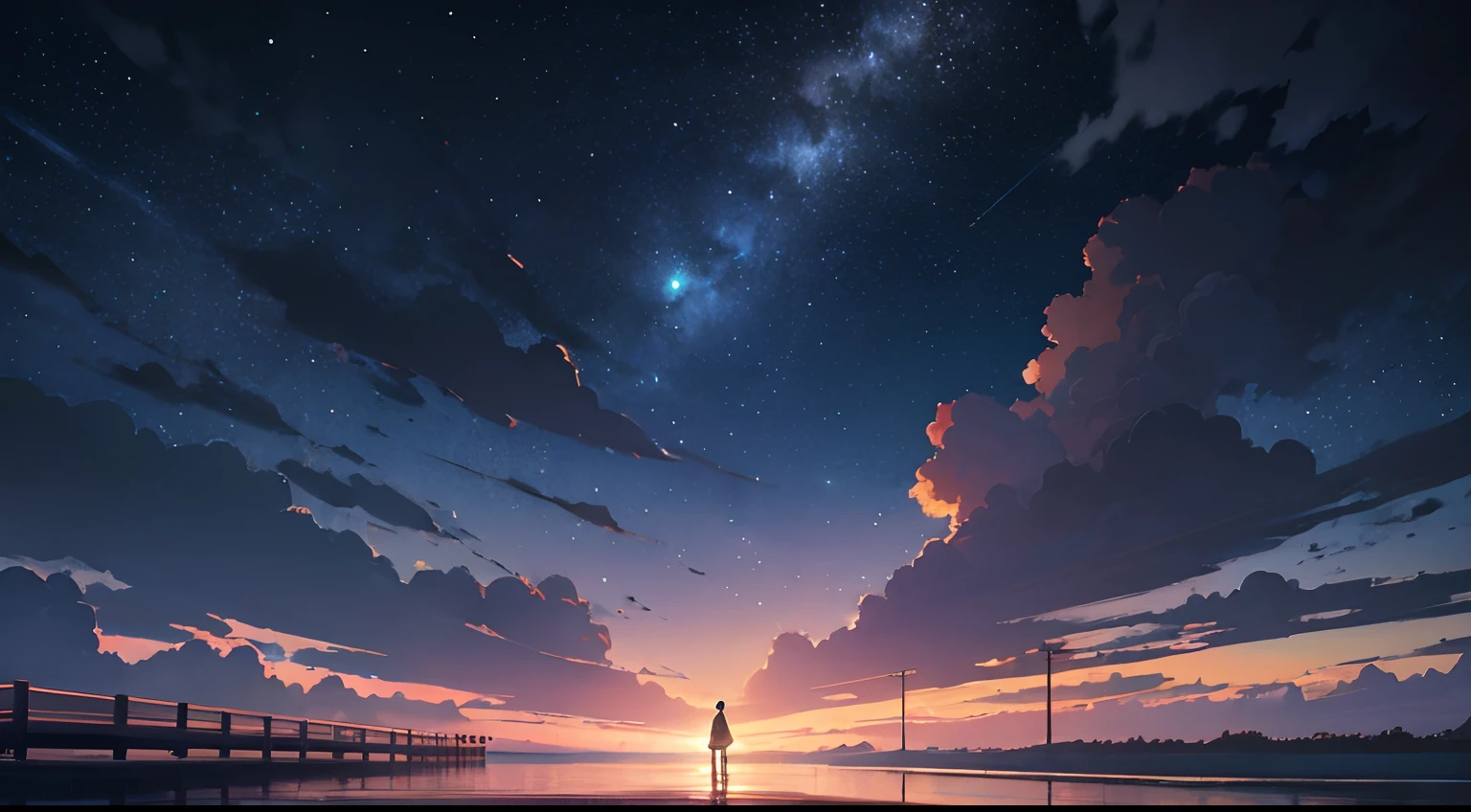 High quality masterpiece ,scenecy,Anime train passing through bodies of water on tracks, Glittering starry sky。Romantic train,Pisif,concept-art,Lofi art style,Reflectors。 By Makoto Shinkai, Lofi art, beautiful anime scenes, Anime landscapes, Detailed scenery —width 672, in the style of makoto shinkai, Makoto Shinkai's style,Detail enhancement