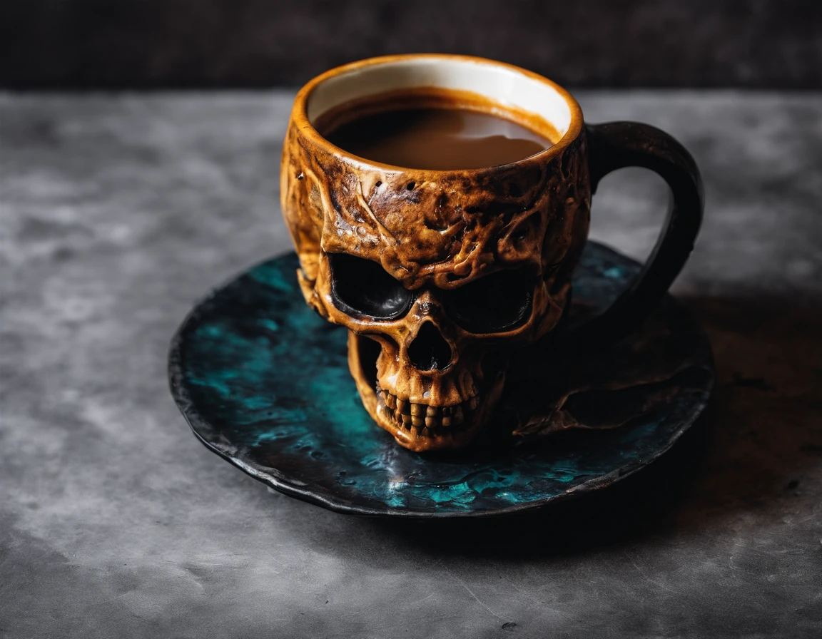a skull mug, latte art, view from above, gremlin, sinister smile, (vivid colors: 1.5)
