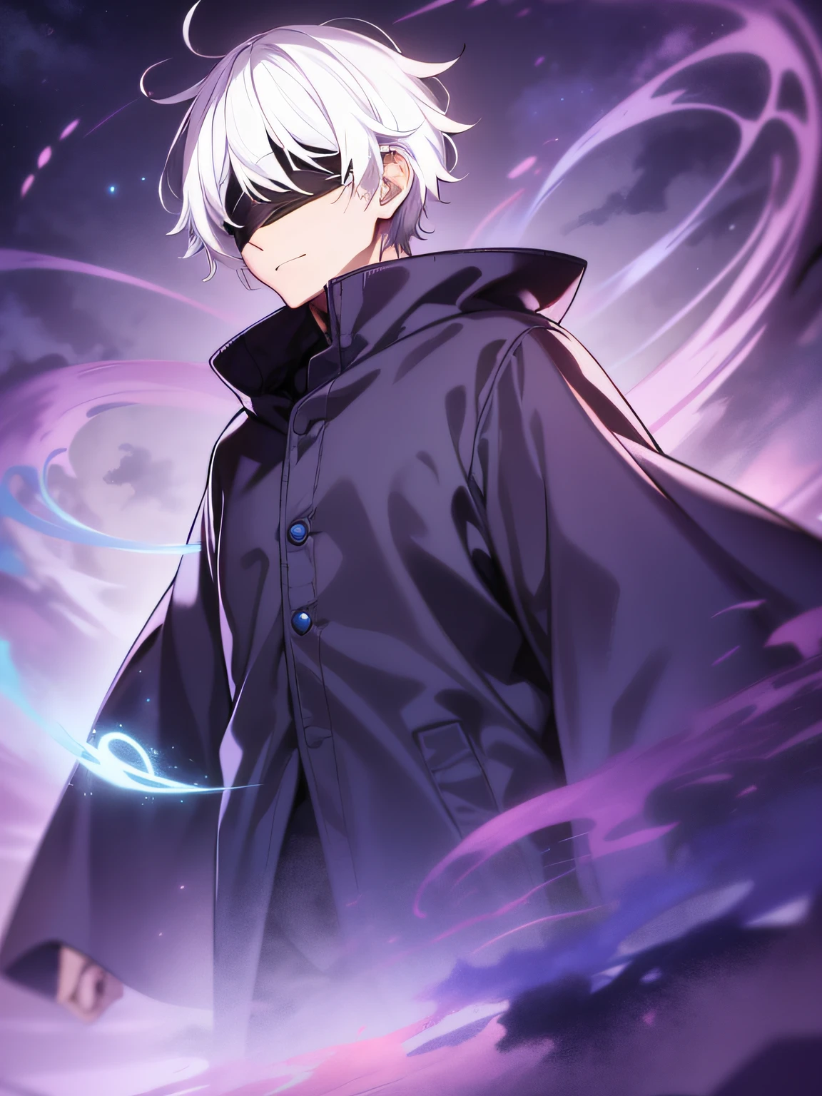 1boy, Saturated Gojo walking, white hair goosebumps, blue eyes, wearing a black blindfold, fantasy, black robe, red and blue magic, 8k, hd