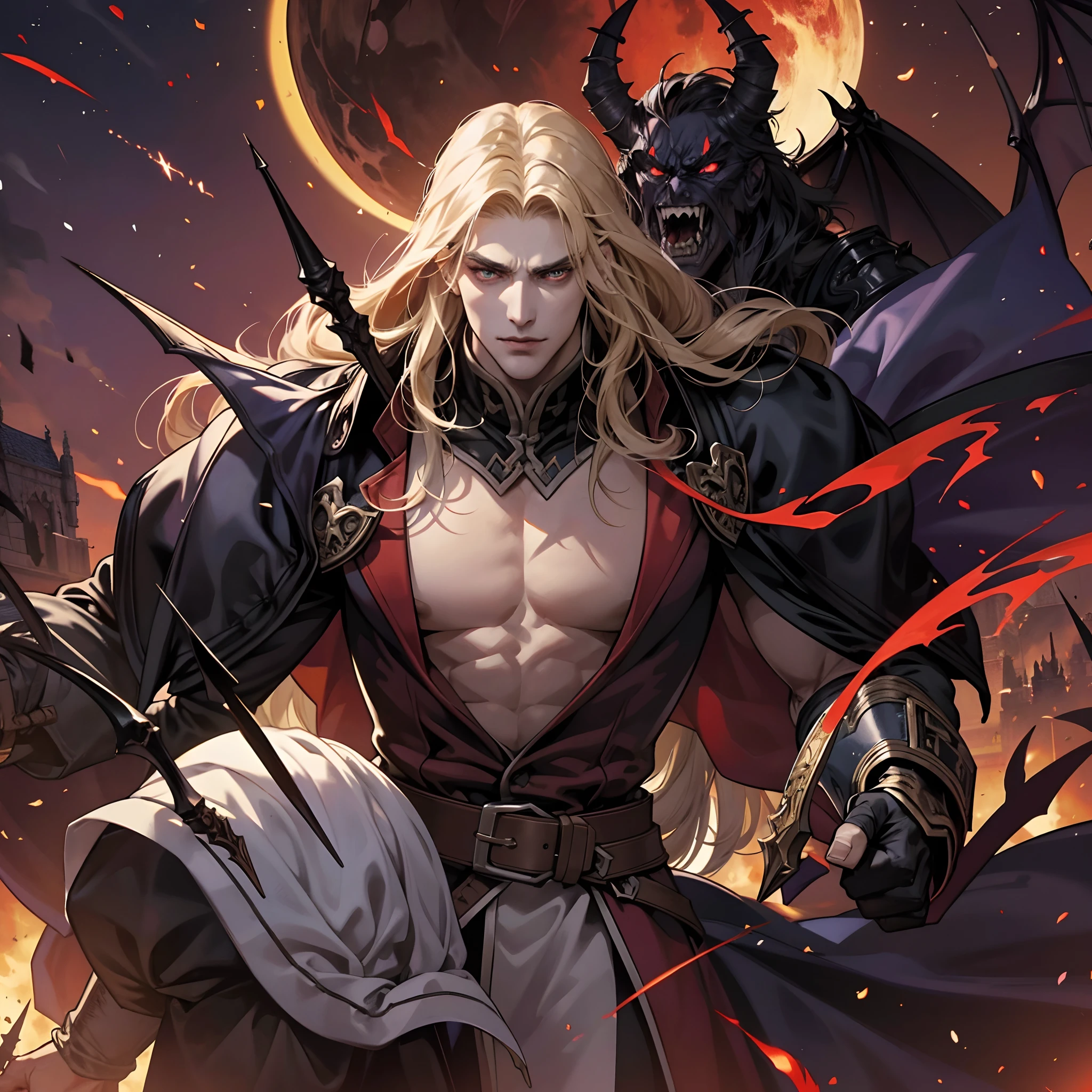 Castlevania Shadow Lord handsome muscular Lord Dracula leading troops armed with demons to war hyper realistic super detailed Dynamic pose super detailed faces hyper realistic super detailed